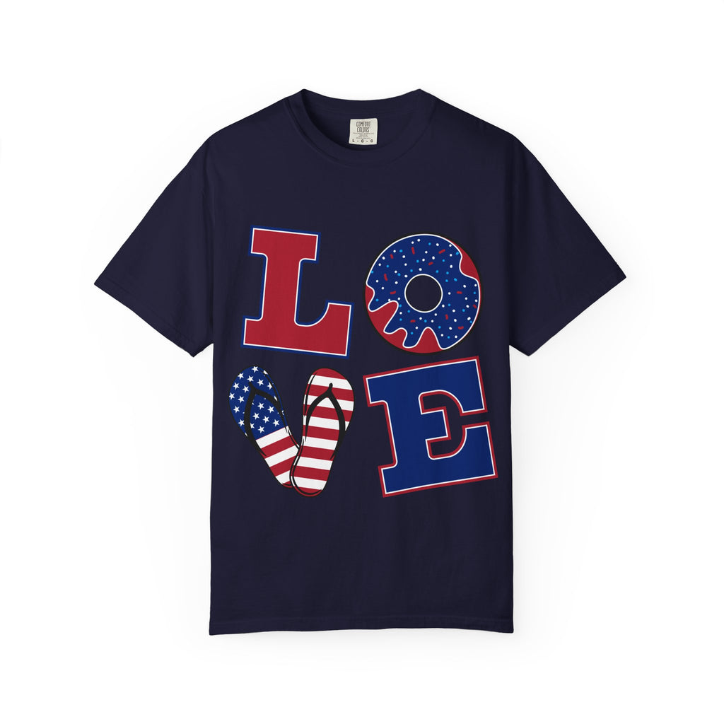Patriotic 'LOVE' Tee — USA Flag Donut & Flip-Flop Design (Back 'Peace Merica')