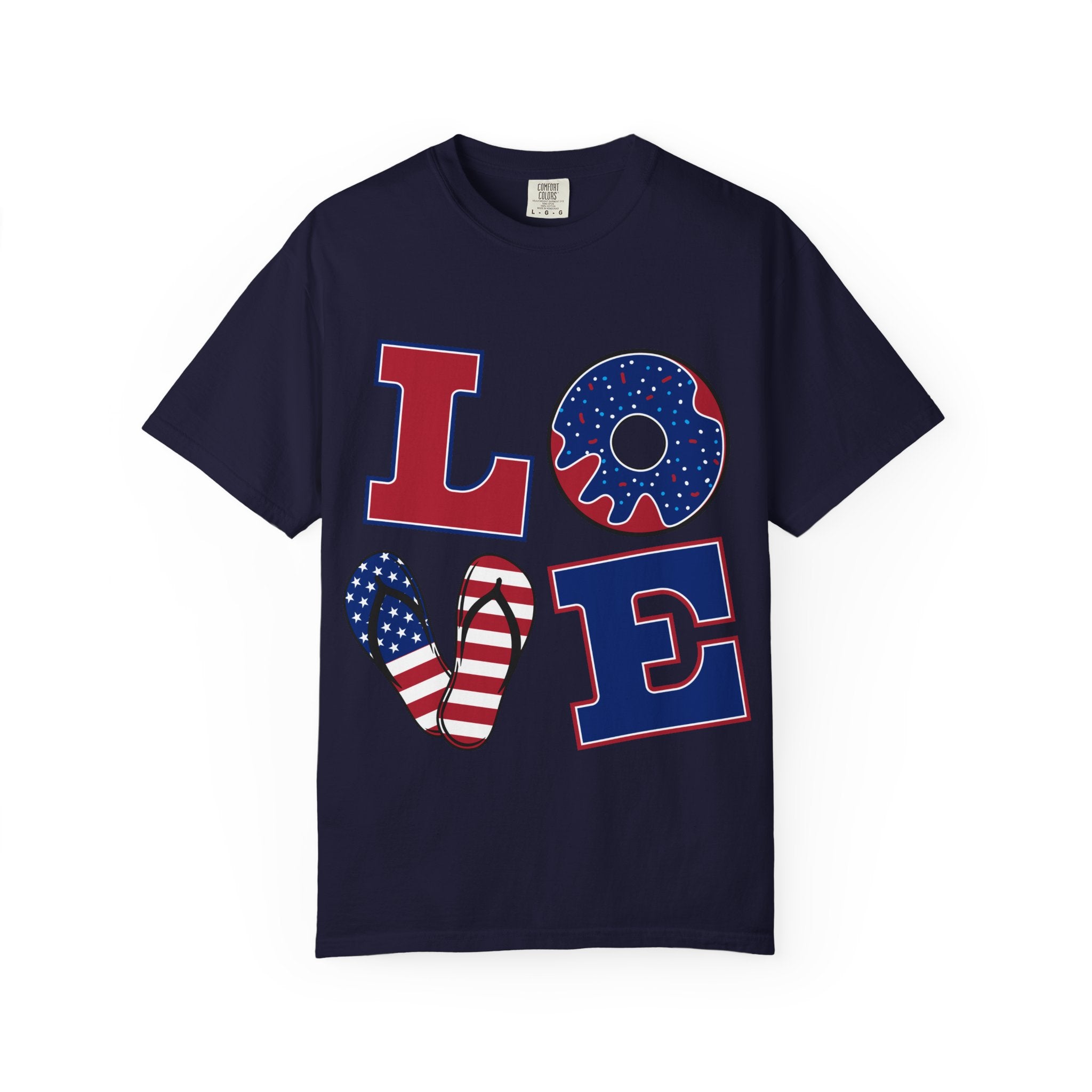 Patriotic 'LOVE' Tee — USA Flag Donut & Flip-Flop Design (Back 'Peace Merica')