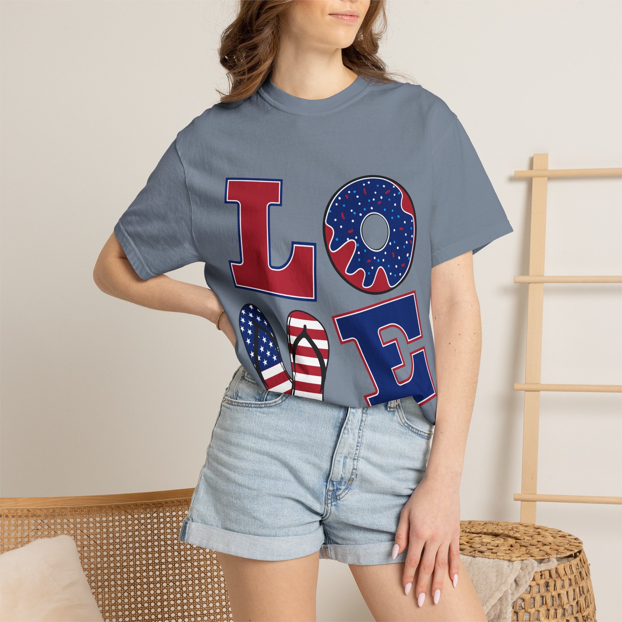 Patriotic 'LOVE' Tee — USA Flag Donut & Flip-Flop Design (Back 'Peace Merica')