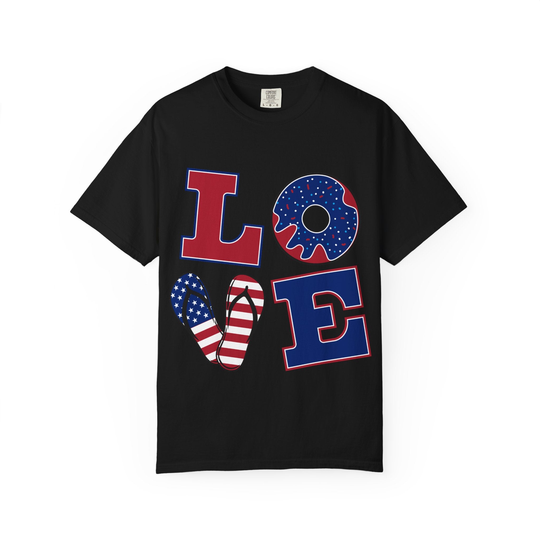 Patriotic 'LOVE' Tee — USA Flag Donut & Flip-Flop Design (Back 'Peace Merica')