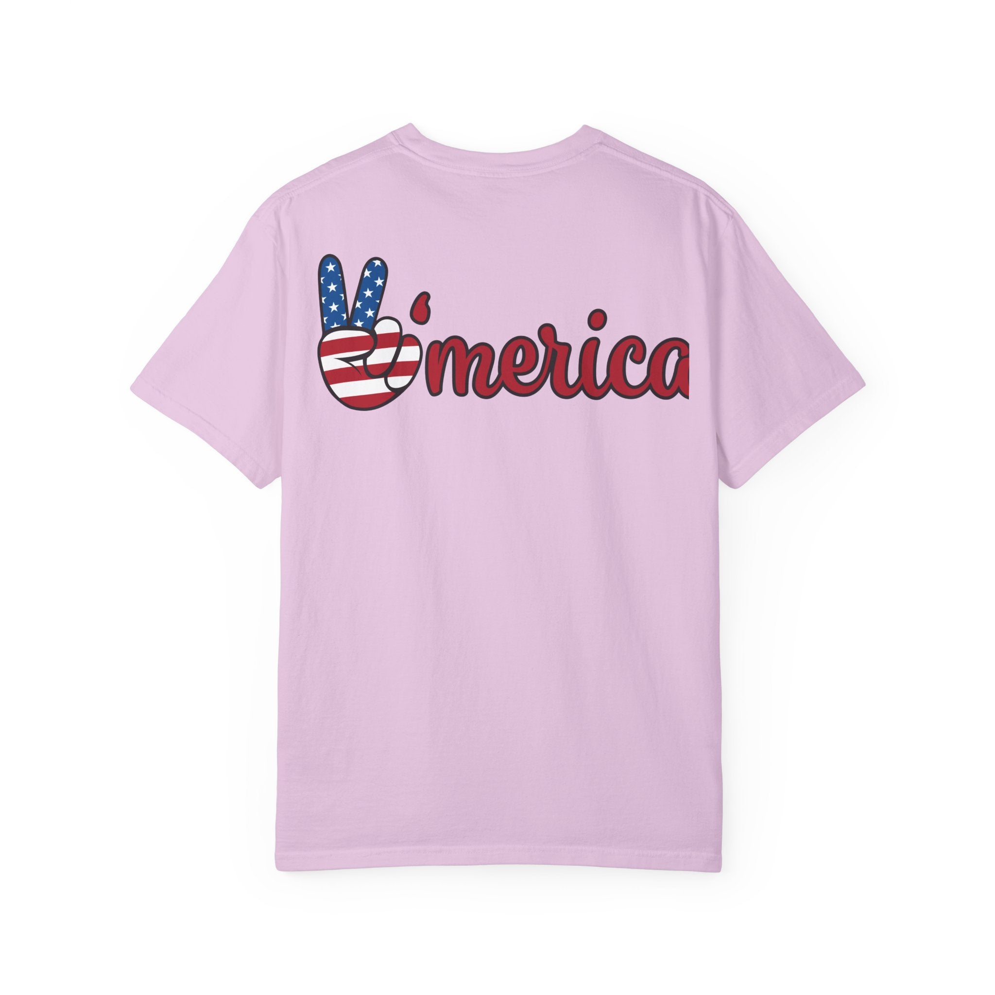 Patriotic 'LOVE' Tee — USA Flag Donut & Flip-Flop Design (Back 'Peace Merica')