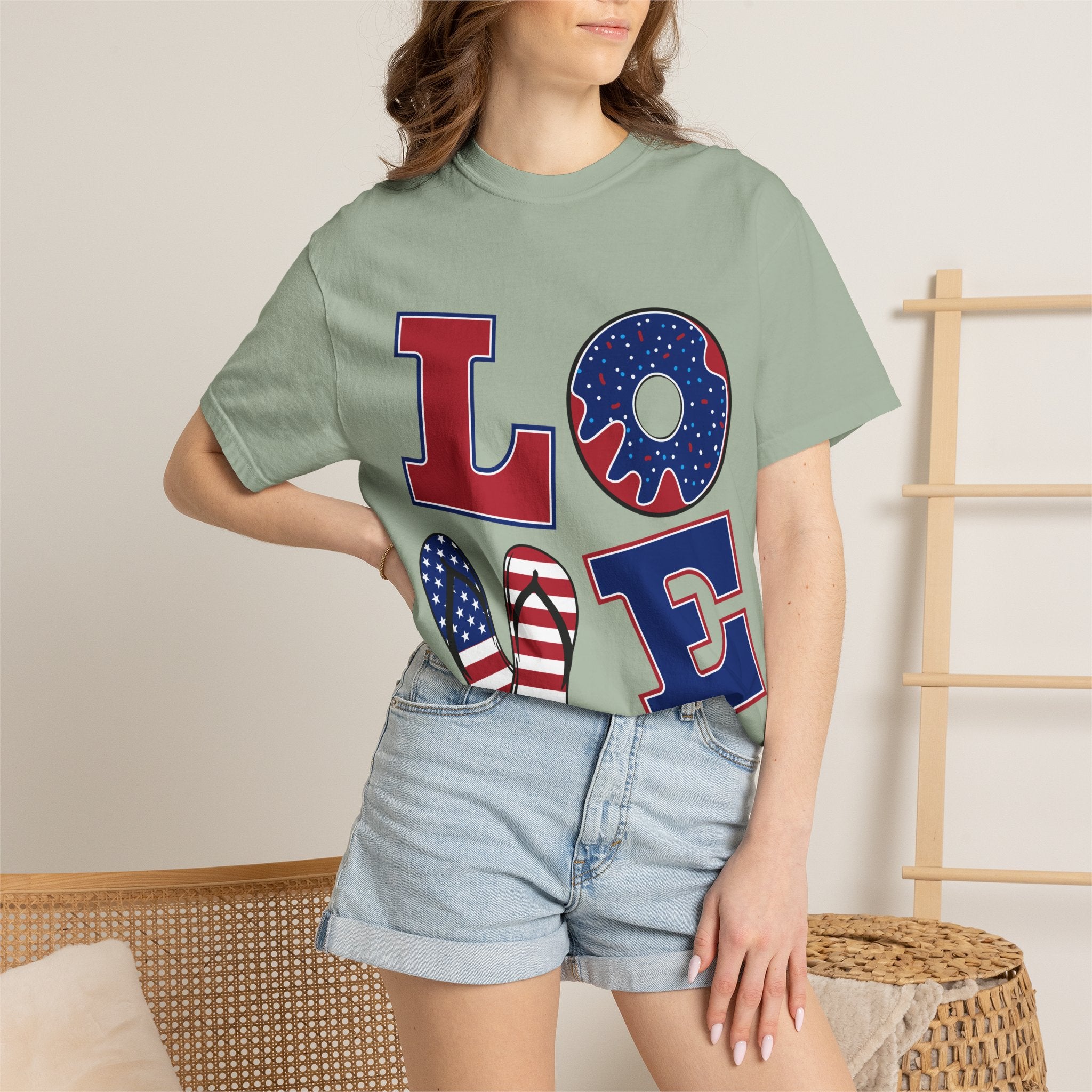 Patriotic 'LOVE' Tee — USA Flag Donut & Flip-Flop Design (Back 'Peace Merica')