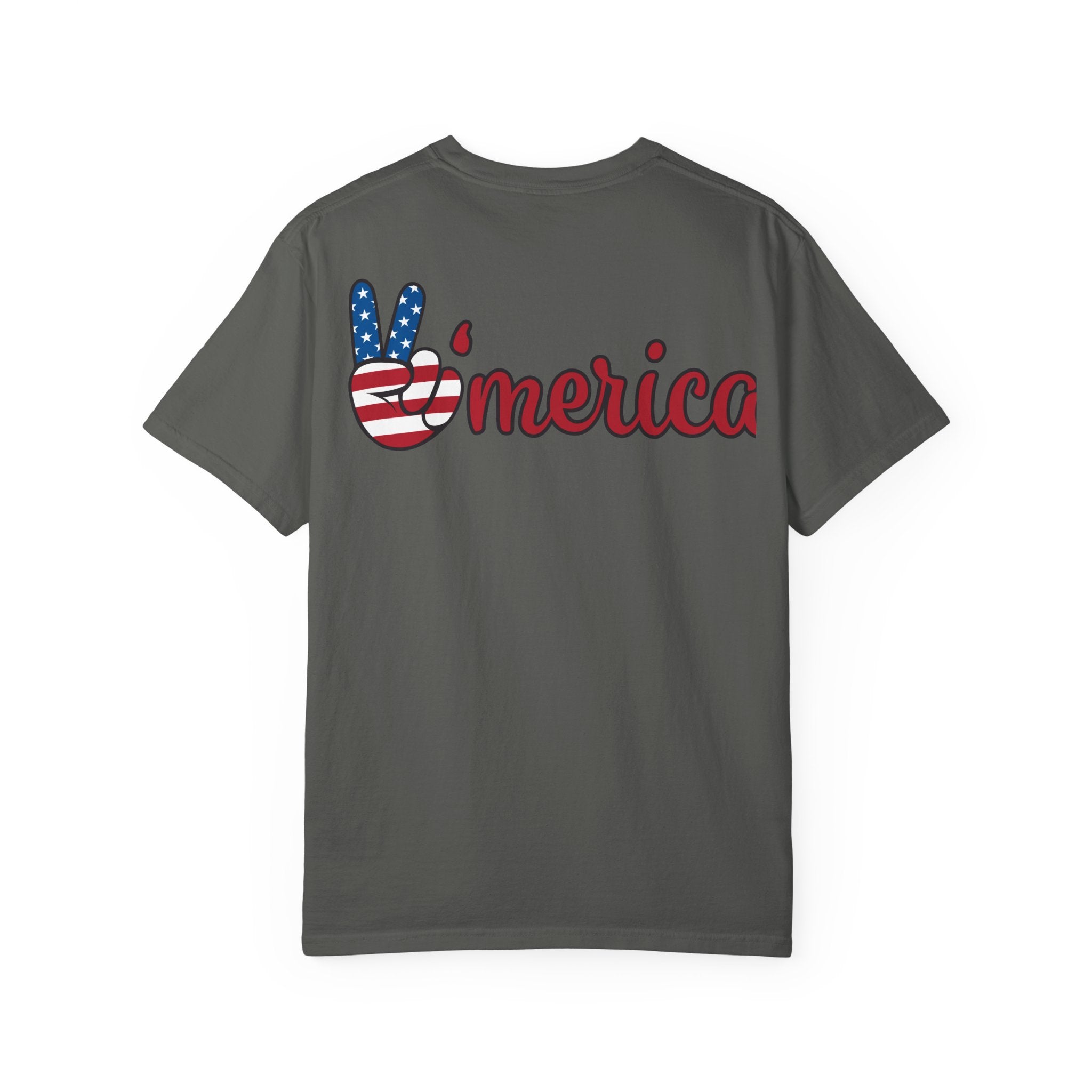 Patriotic 'LOVE' Tee — USA Flag Donut & Flip-Flop Design (Back 'Peace Merica')