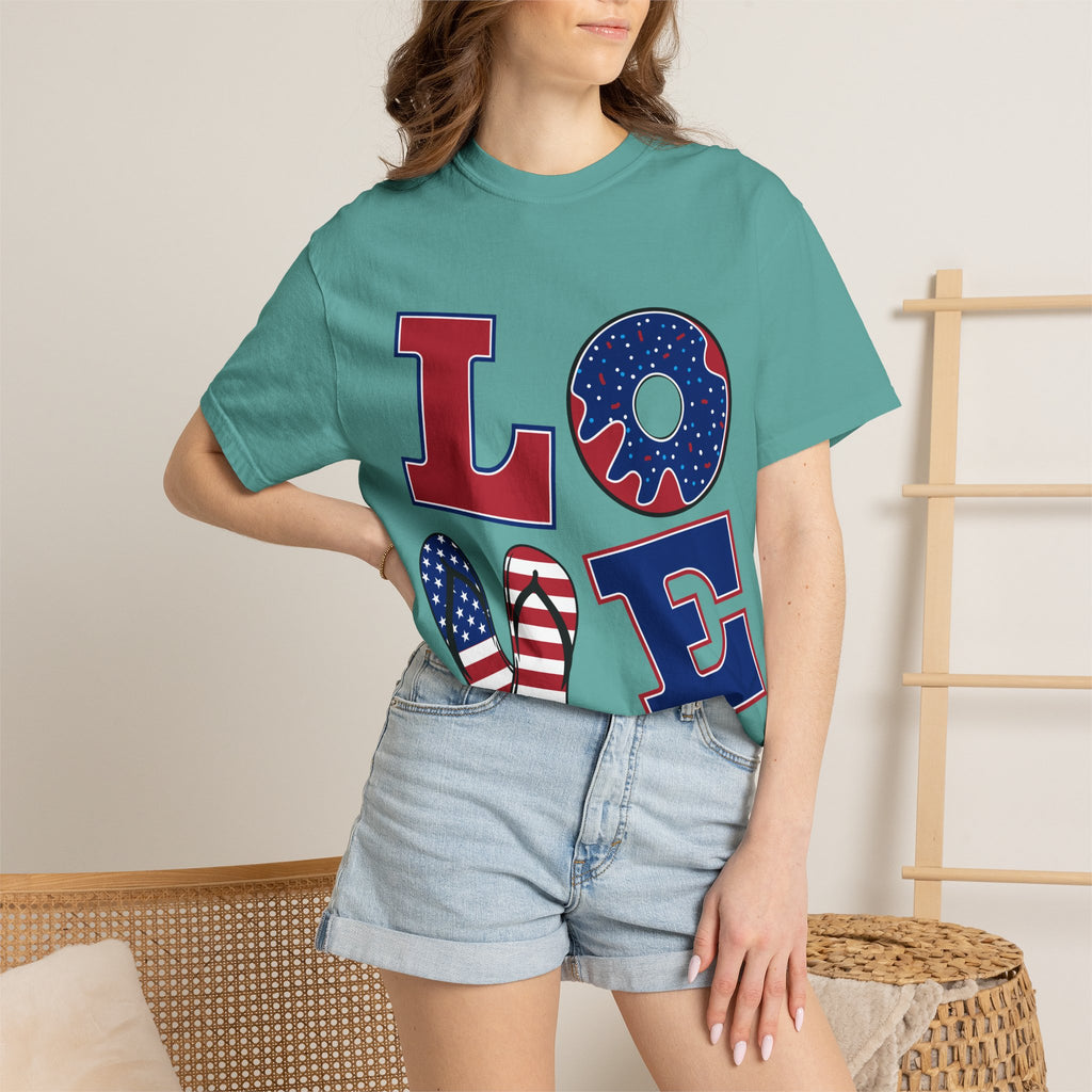 Patriotic 'LOVE' Tee — USA Flag Donut & Flip-Flop Design (Back 'Peace Merica')