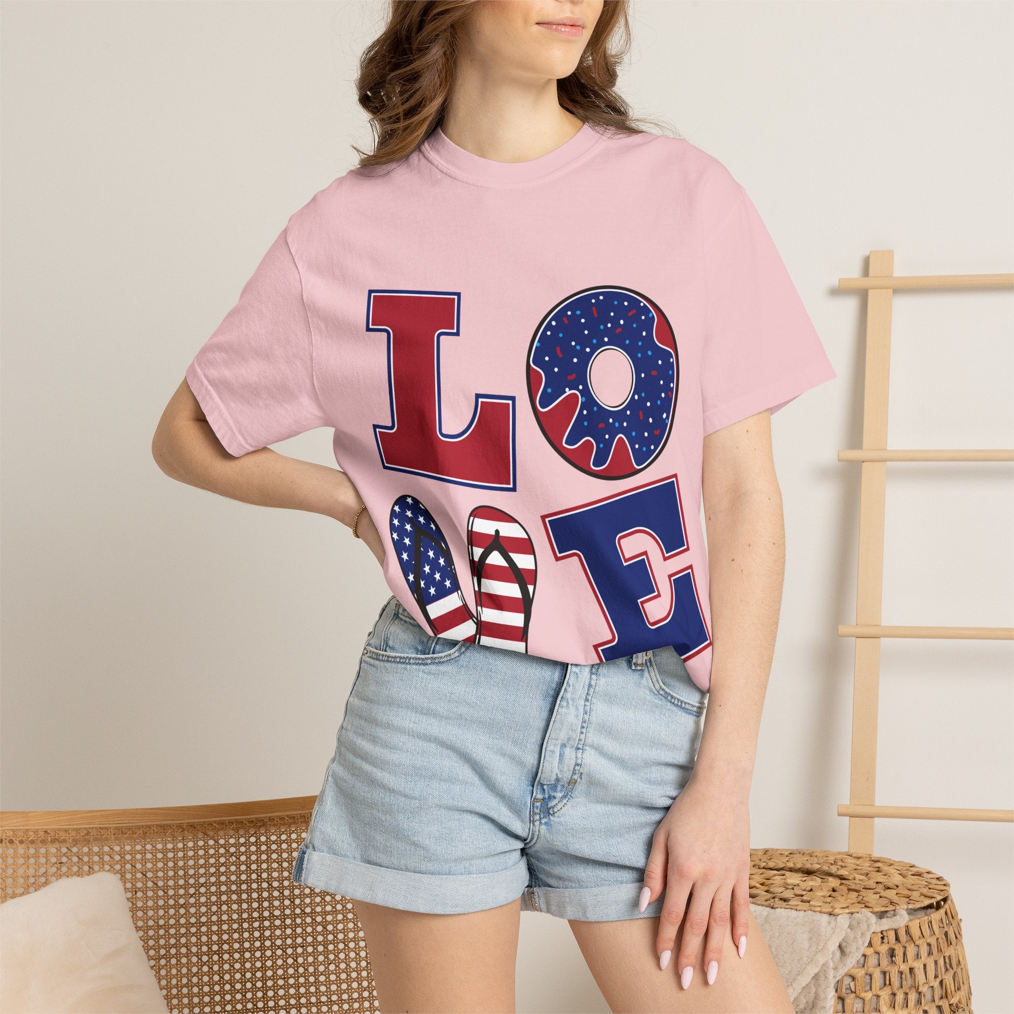 Patriotic 'LOVE' Tee — USA Flag Donut & Flip-Flop Design (Back 'Peace Merica')