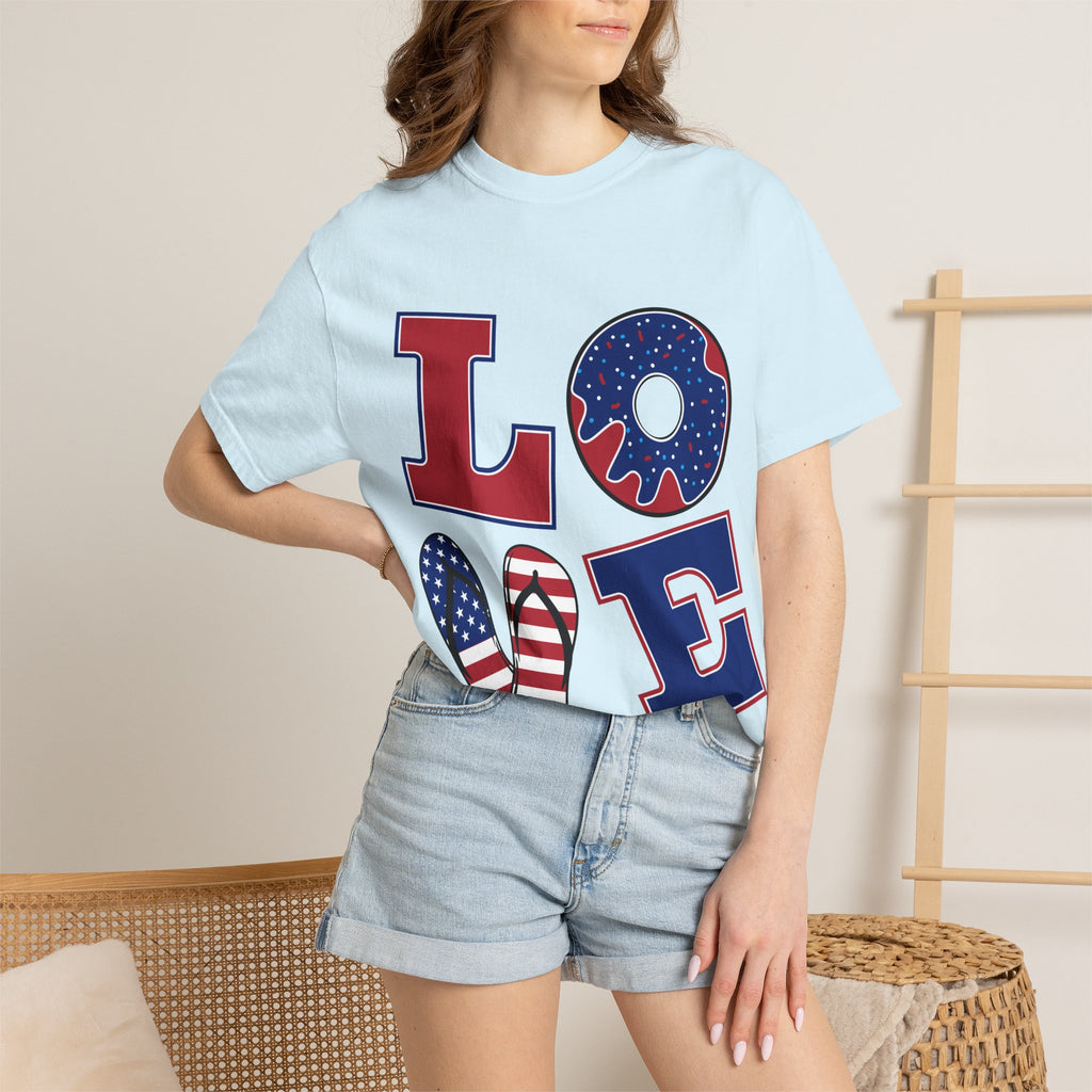 Patriotic 'LOVE' Tee — USA Flag Donut & Flip-Flop Design (Back 'Peace Merica')
