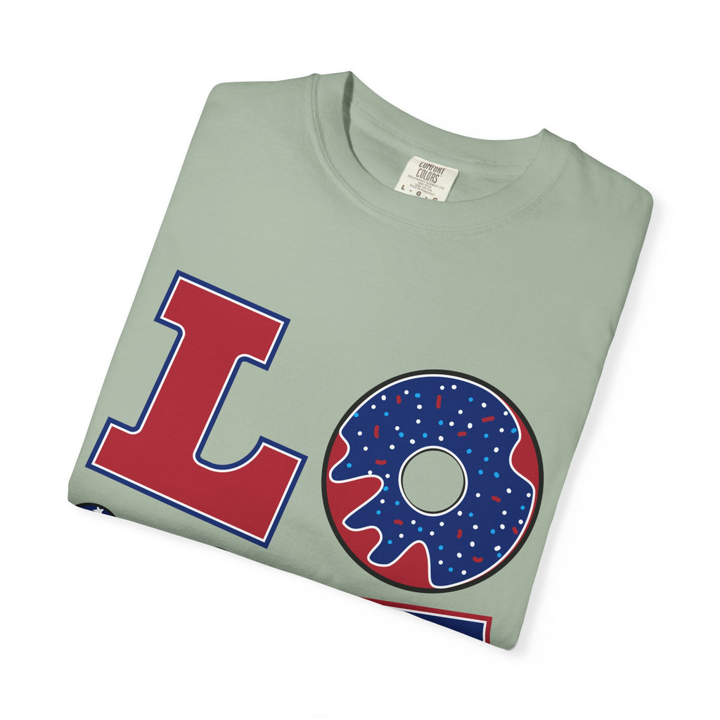 Patriotic 'LOVE' Tee — USA Flag Donut & Flip-Flop Design (Back 'Peace Merica')