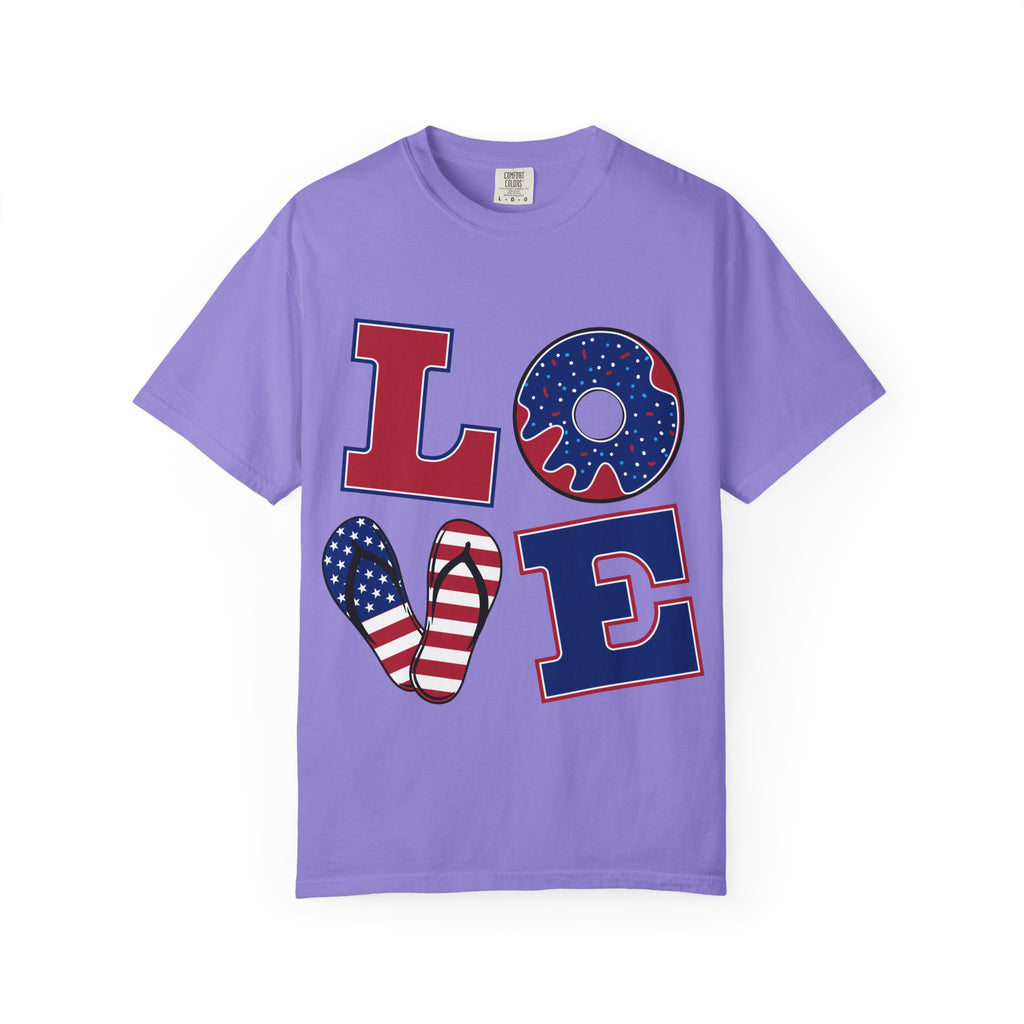 Patriotic 'LOVE' Tee — USA Flag Donut & Flip-Flop Design (Back 'Peace Merica')
