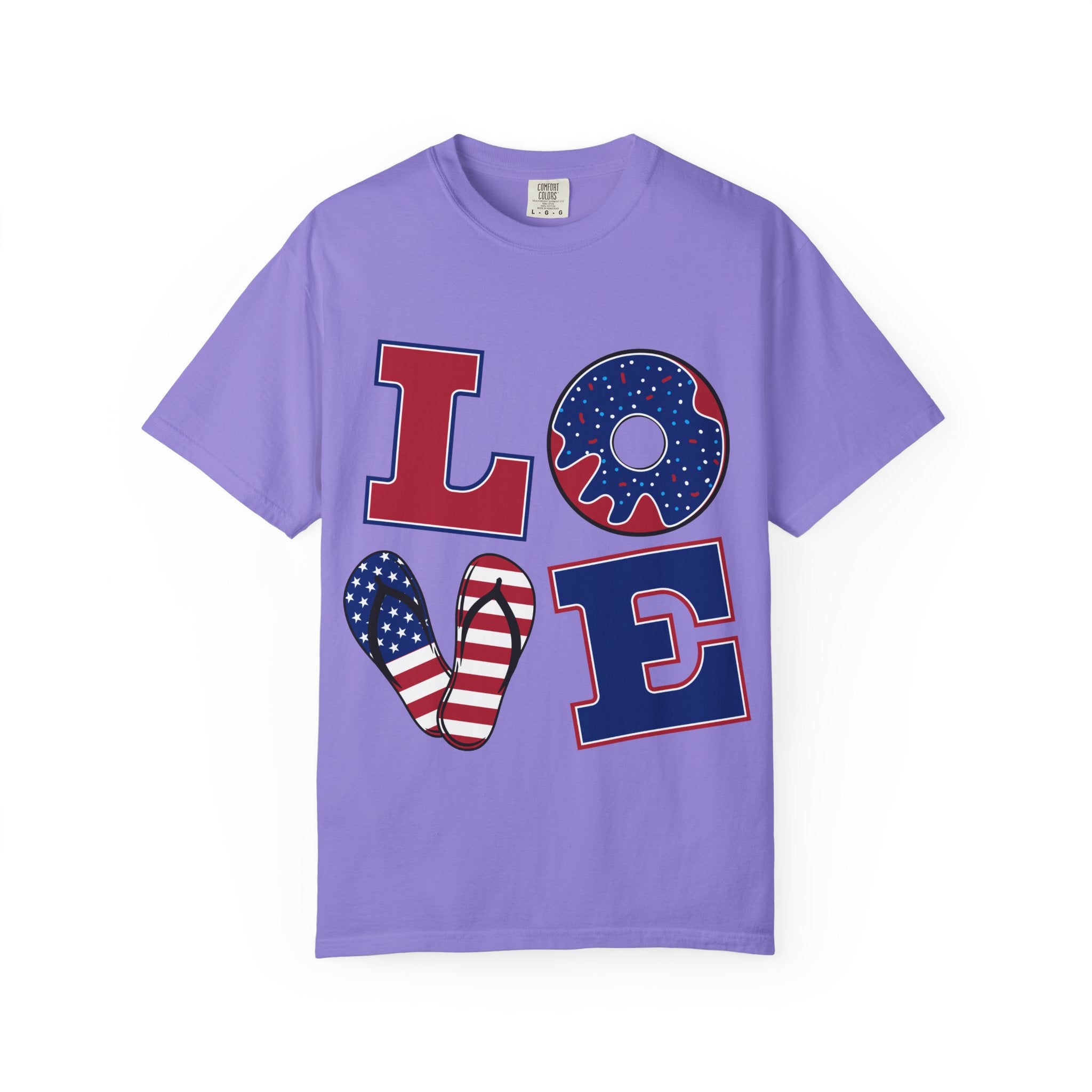 Patriotic 'LOVE' Tee — USA Flag Donut & Flip-Flop Design (Back 'Peace Merica')