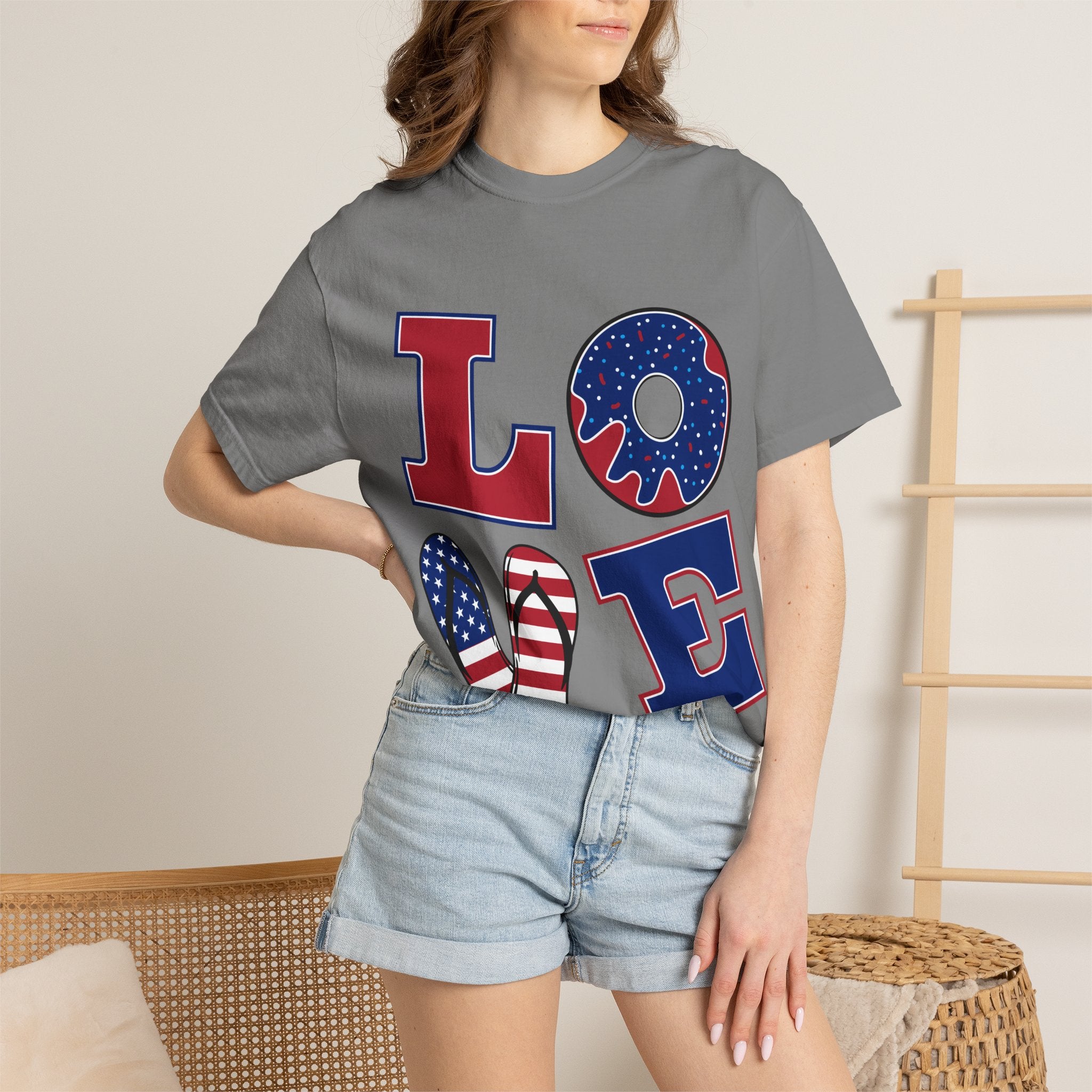 Patriotic 'LOVE' Tee — USA Flag Donut & Flip-Flop Design (Back 'Peace Merica')