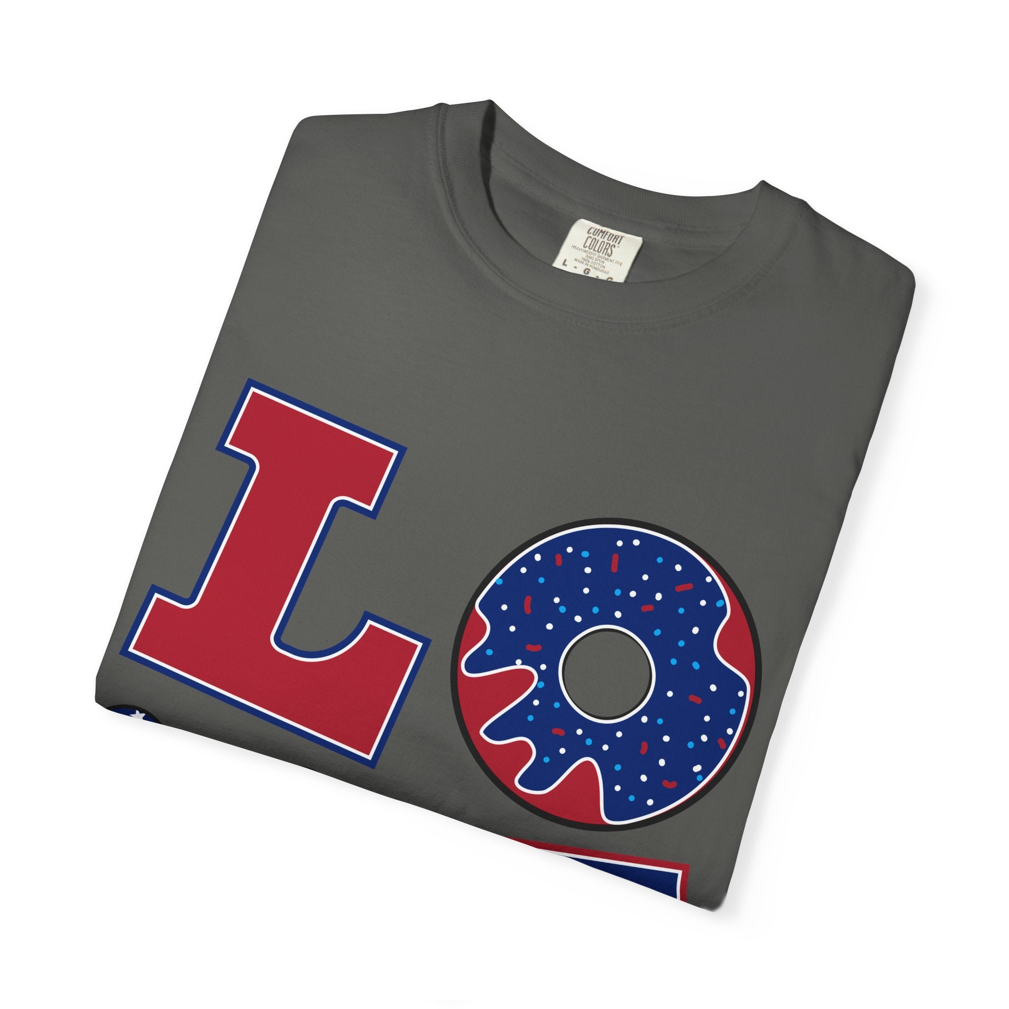 Patriotic 'LOVE' Tee — USA Flag Donut & Flip-Flop Design (Back 'Peace Merica')