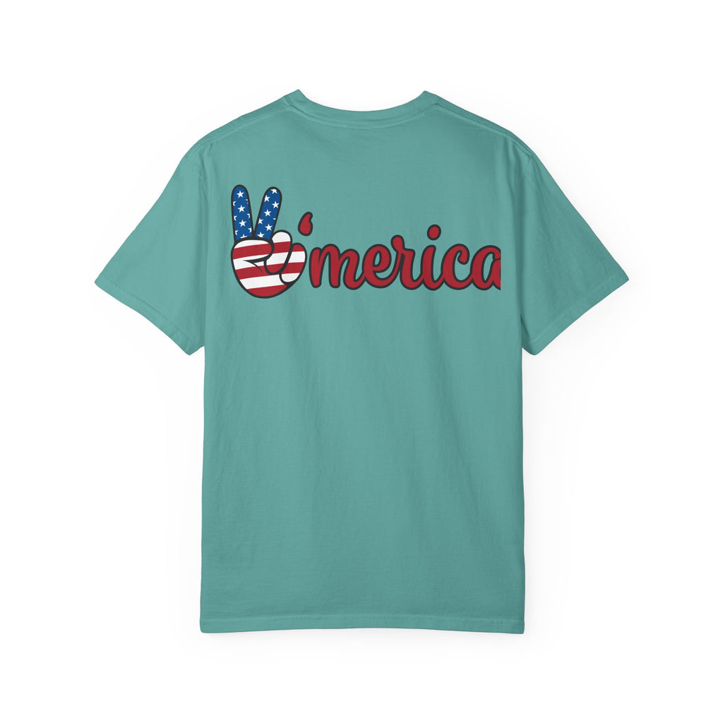 Patriotic 'LOVE' Tee — USA Flag Donut & Flip-Flop Design (Back 'Peace Merica')