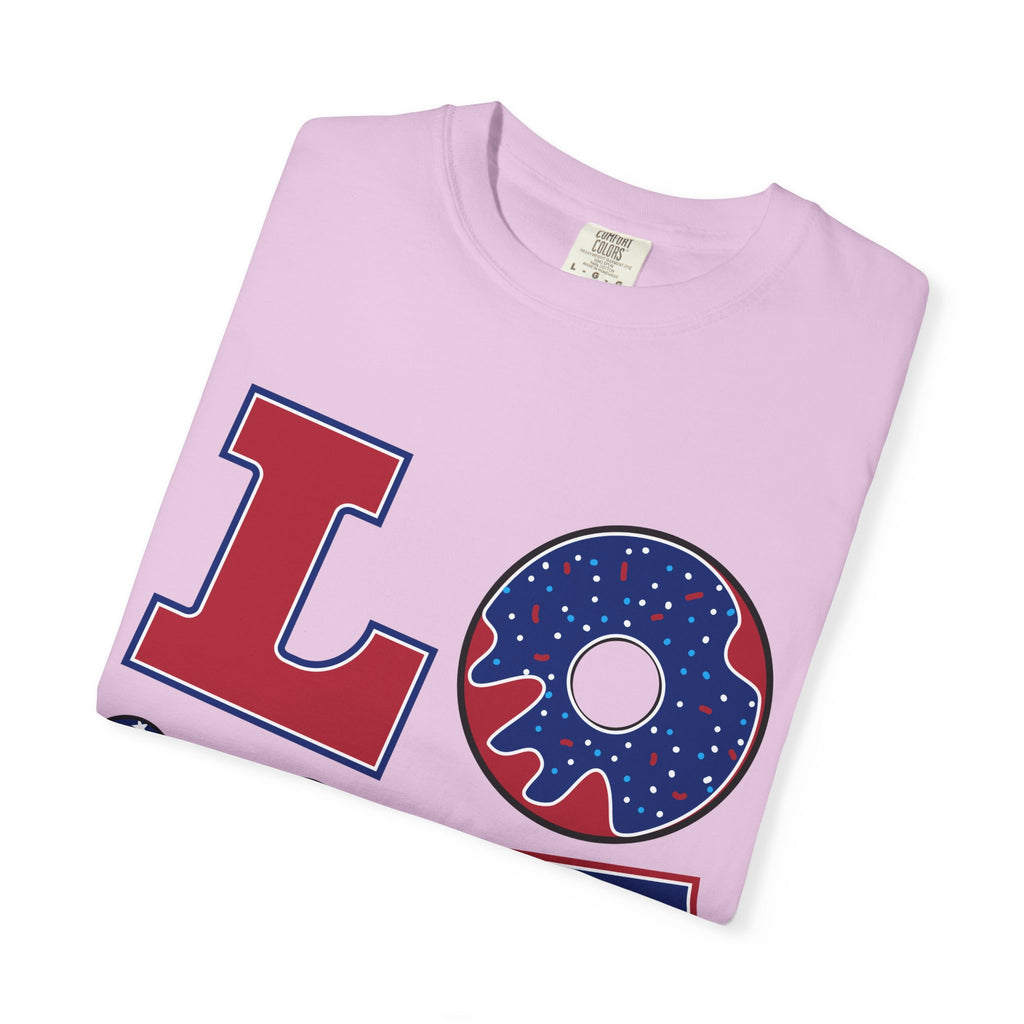 Patriotic 'LOVE' Tee — USA Flag Donut & Flip-Flop Design (Back 'Peace Merica')