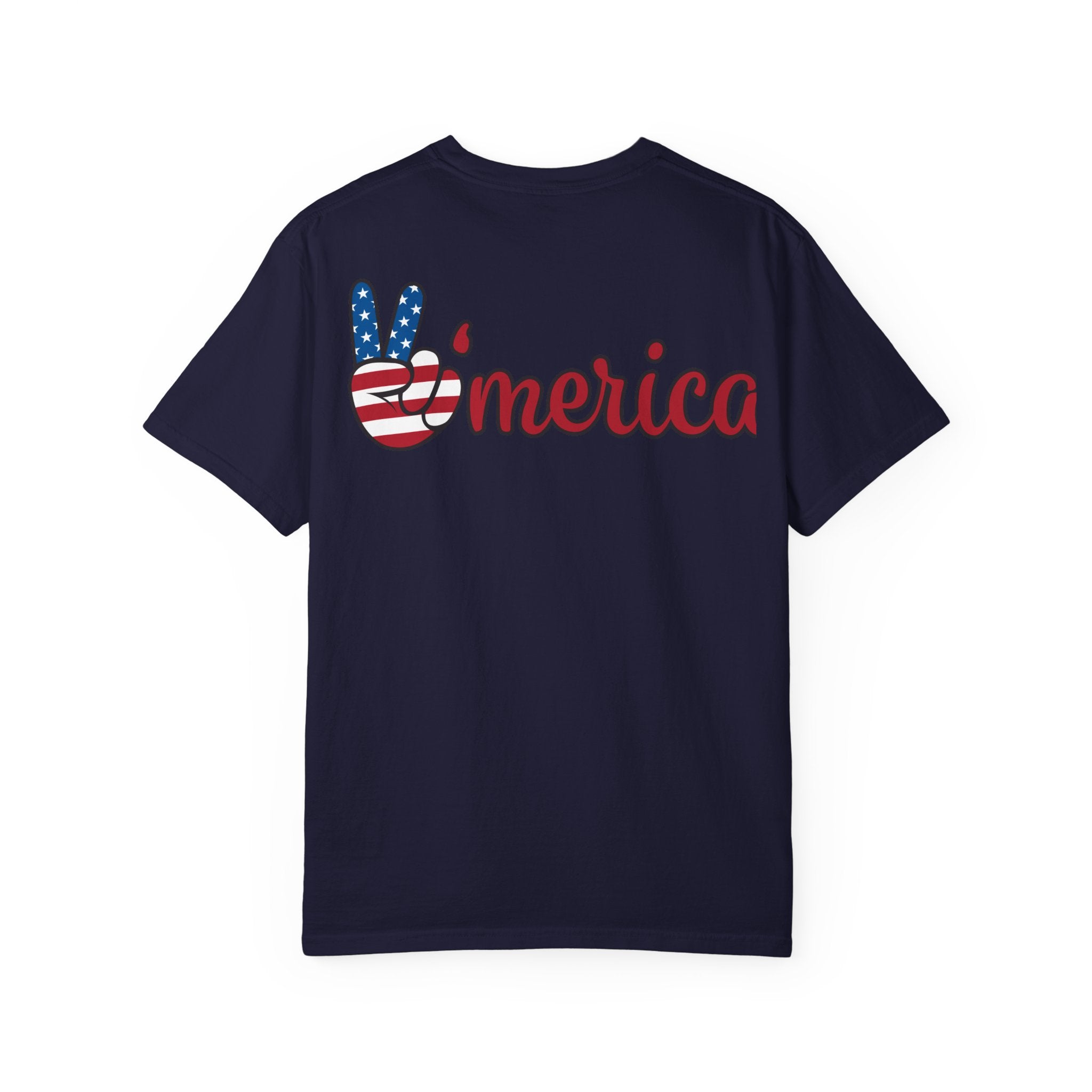 Patriotic 'LOVE' Tee — USA Flag Donut & Flip-Flop Design (Back 'Peace Merica')