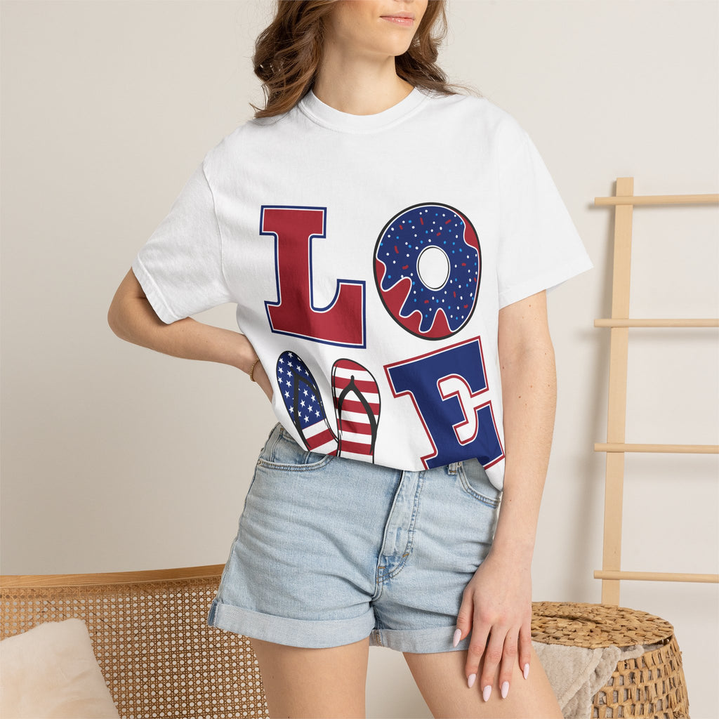 Patriotic 'LOVE' Tee — USA Flag Donut & Flip-Flop Design (Back 'Peace Merica')
