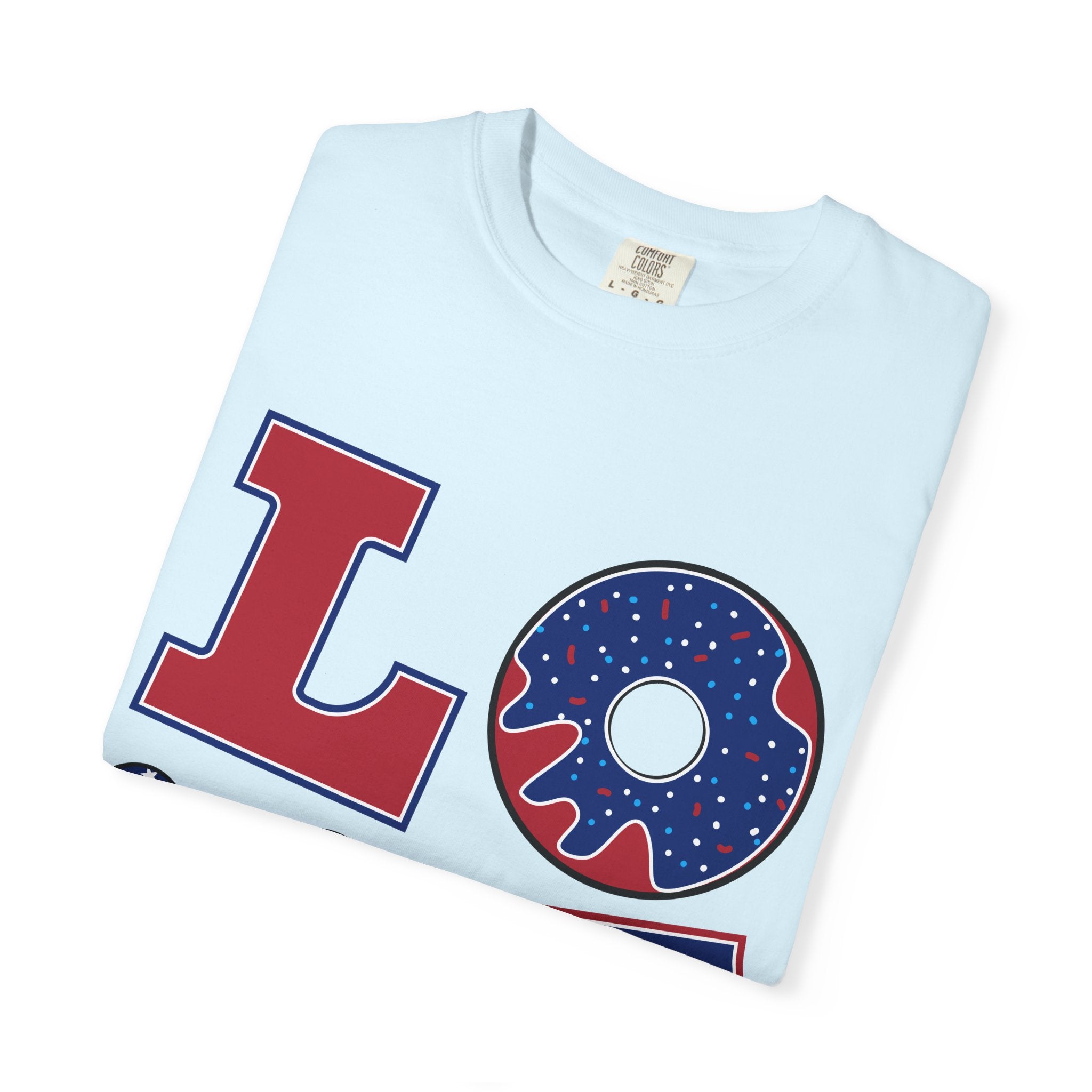 Patriotic 'LOVE' Tee — USA Flag Donut & Flip-Flop Design (Back 'Peace Merica')