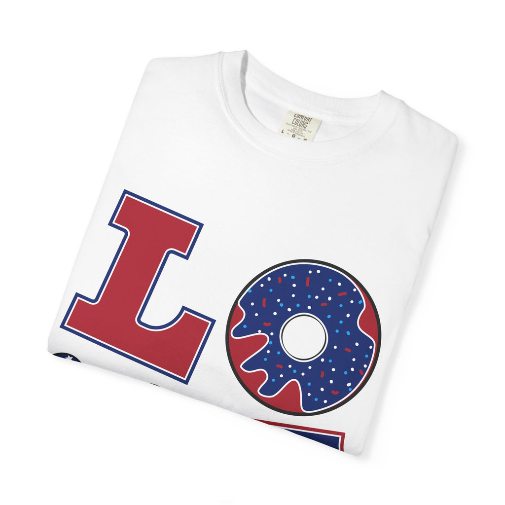 Patriotic 'LOVE' Tee — USA Flag Donut & Flip-Flop Design (Back 'Peace Merica')