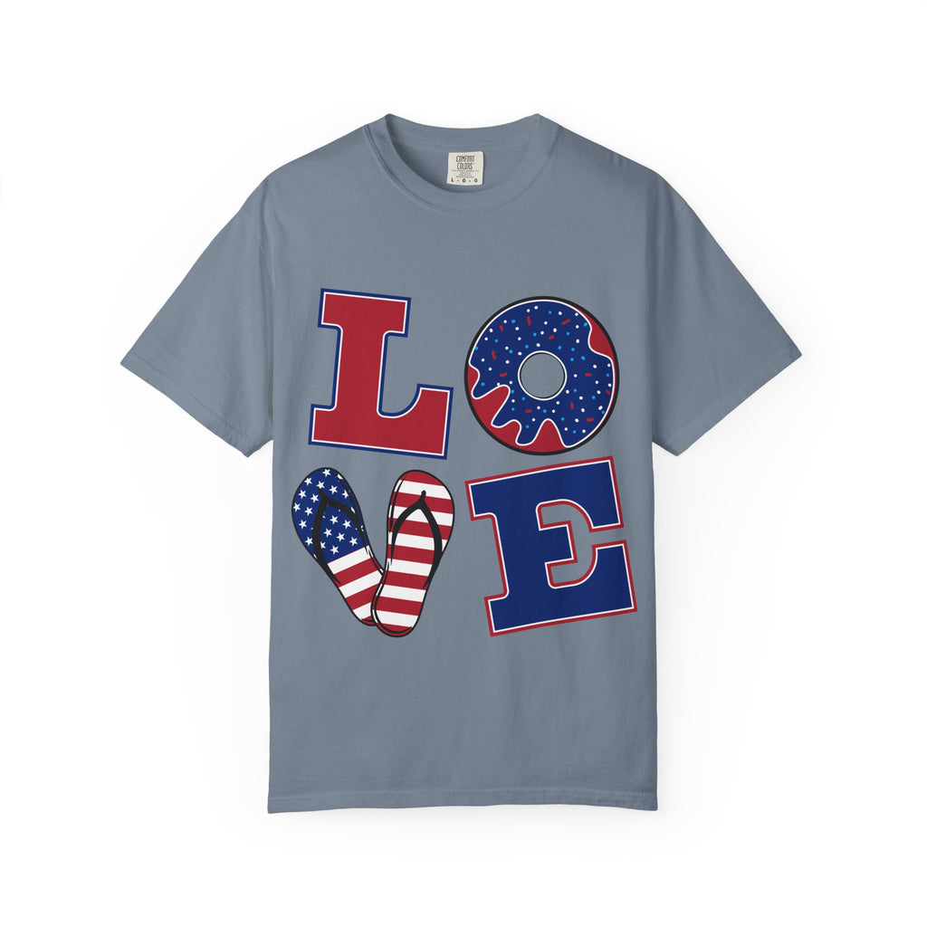 Patriotic 'LOVE' Tee — USA Flag Donut & Flip-Flop Design (Back 'Peace Merica')