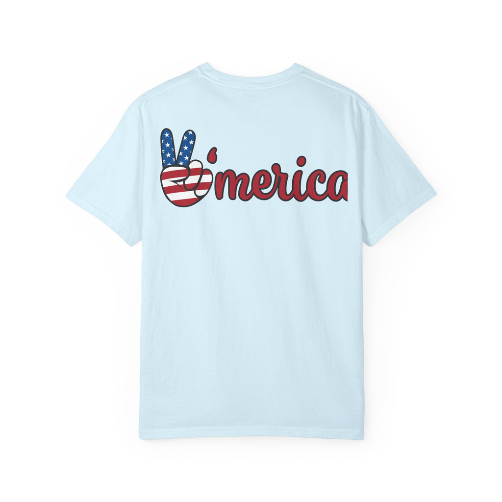 Patriotic 'LOVE' Tee — USA Flag Donut & Flip-Flop Design (Back 'Peace Merica')