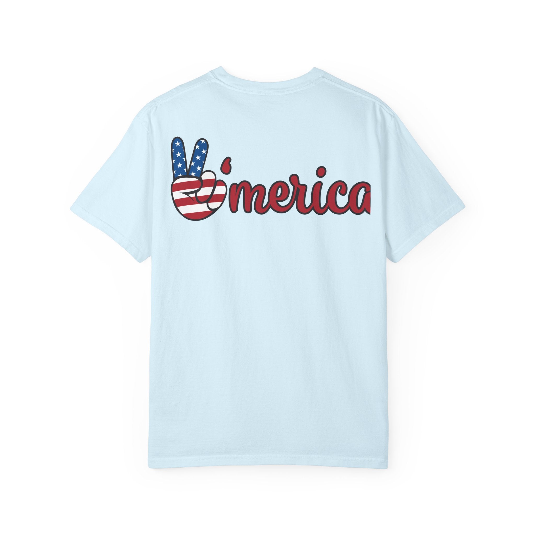 Patriotic 'LOVE' Tee — USA Flag Donut & Flip-Flop Design (Back 'Peace Merica')
