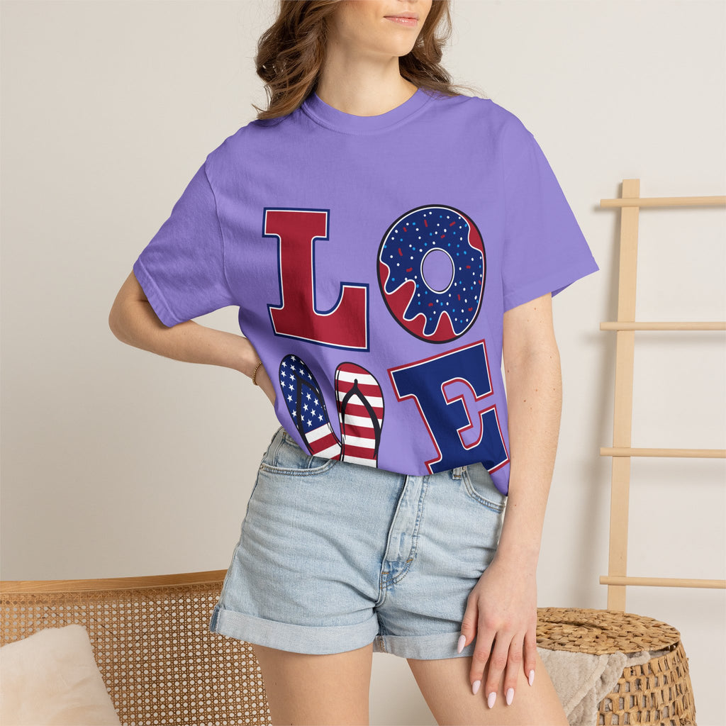 Patriotic 'LOVE' Tee — USA Flag Donut & Flip-Flop Design (Back 'Peace Merica')
