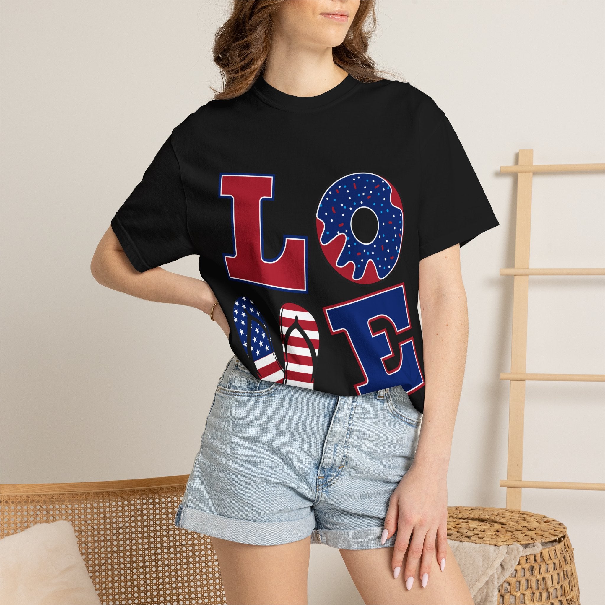 Patriotic 'LOVE' Tee — USA Flag Donut & Flip-Flop Design (Back 'Peace Merica')