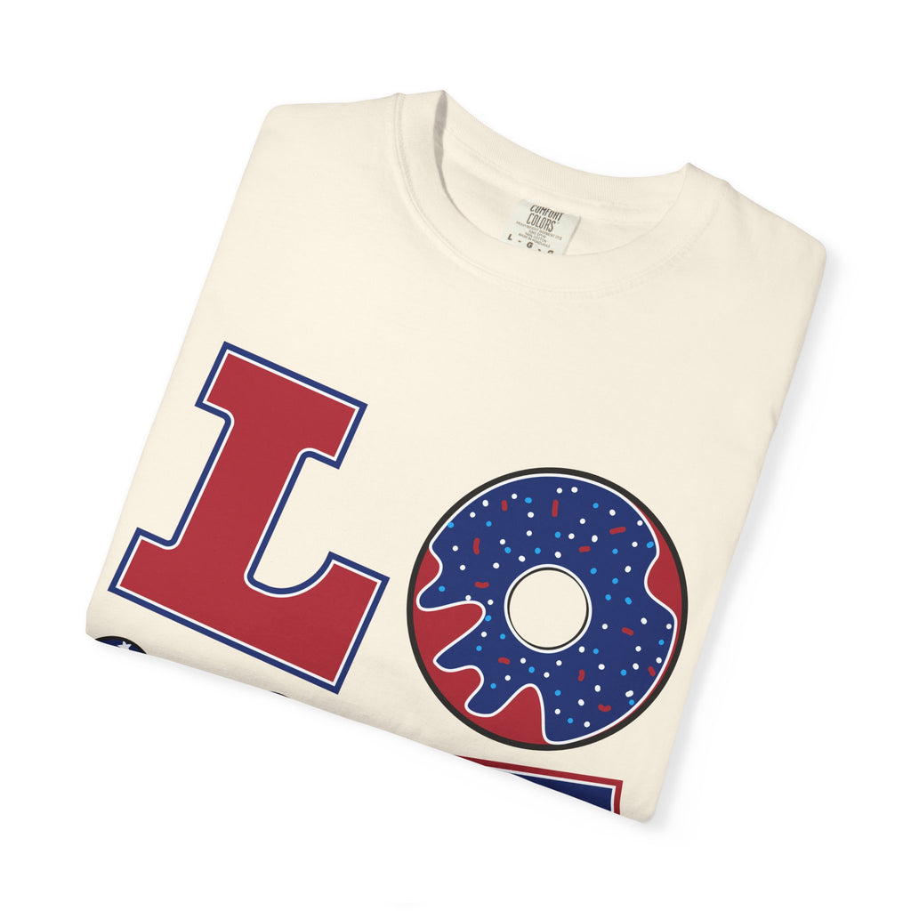 Patriotic 'LOVE' Tee — USA Flag Donut & Flip-Flop Design (Back 'Peace Merica')