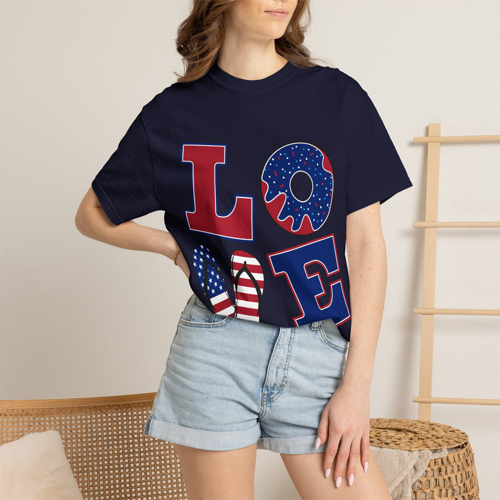 Patriotic 'LOVE' Tee — USA Flag Donut & Flip-Flop Design (Back 'Peace Merica')