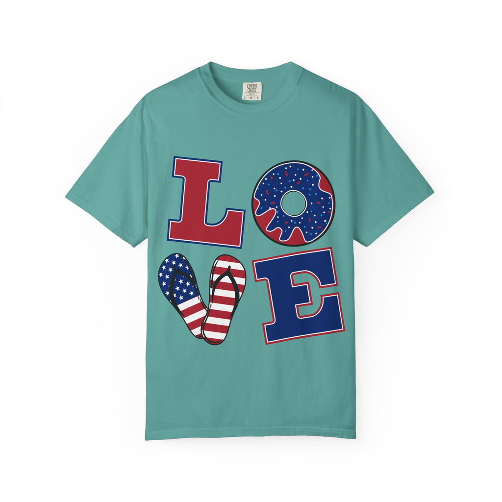 Patriotic 'LOVE' Tee — USA Flag Donut & Flip-Flop Design (Back 'Peace Merica')