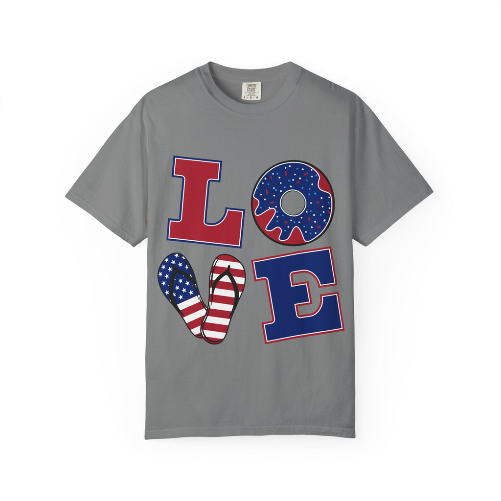 Patriotic 'LOVE' Tee — USA Flag Donut & Flip-Flop Design (Back 'Peace Merica')