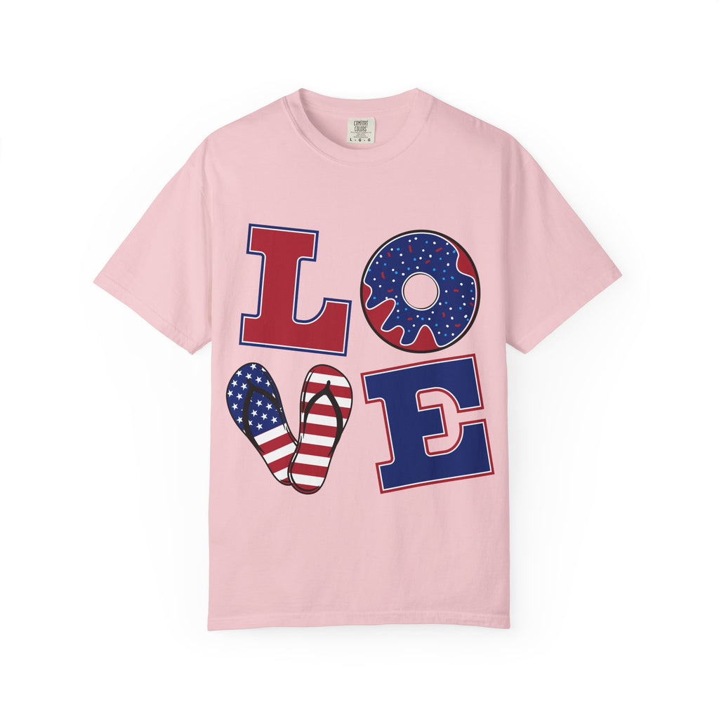Patriotic 'LOVE' Tee — USA Flag Donut & Flip-Flop Design (Back 'Peace Merica')