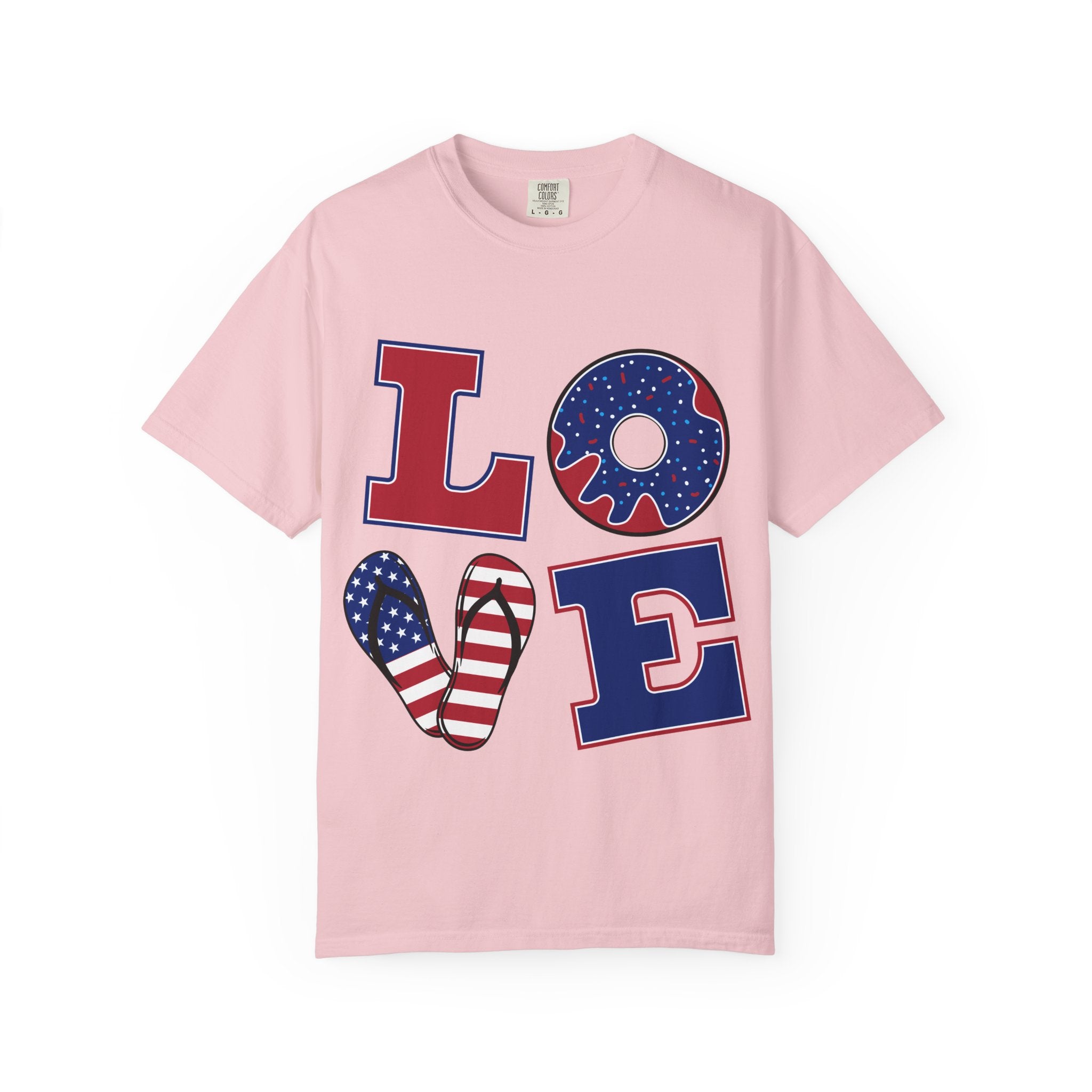 Patriotic 'LOVE' Tee — USA Flag Donut & Flip-Flop Design (Back 'Peace Merica')