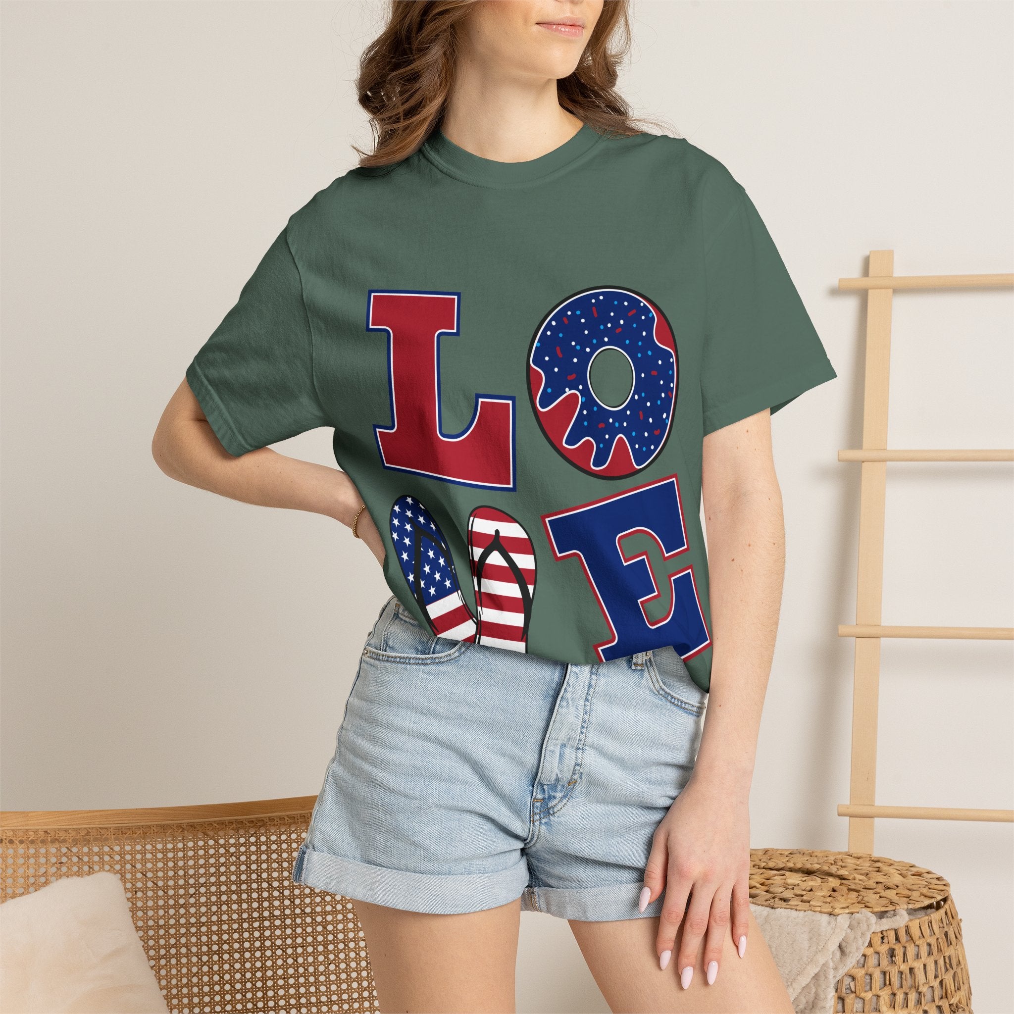 Patriotic 'LOVE' Tee — USA Flag Donut & Flip-Flop Design (Back 'Peace Merica')