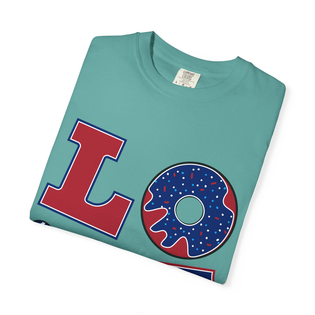 Patriotic 'LOVE' Tee — USA Flag Donut & Flip-Flop Design (Back 'Peace Merica')