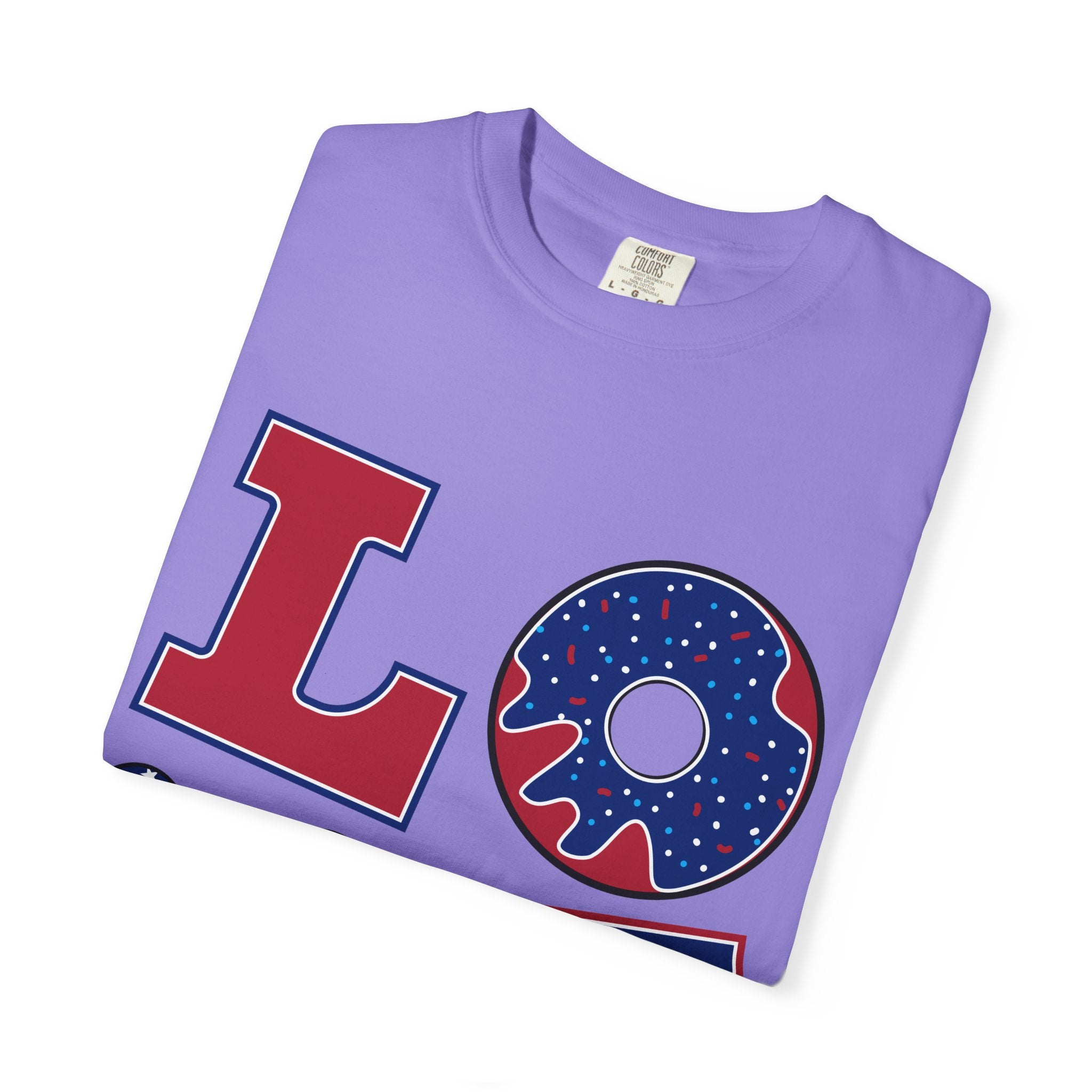 Patriotic 'LOVE' Tee — USA Flag Donut & Flip-Flop Design (Back 'Peace Merica')