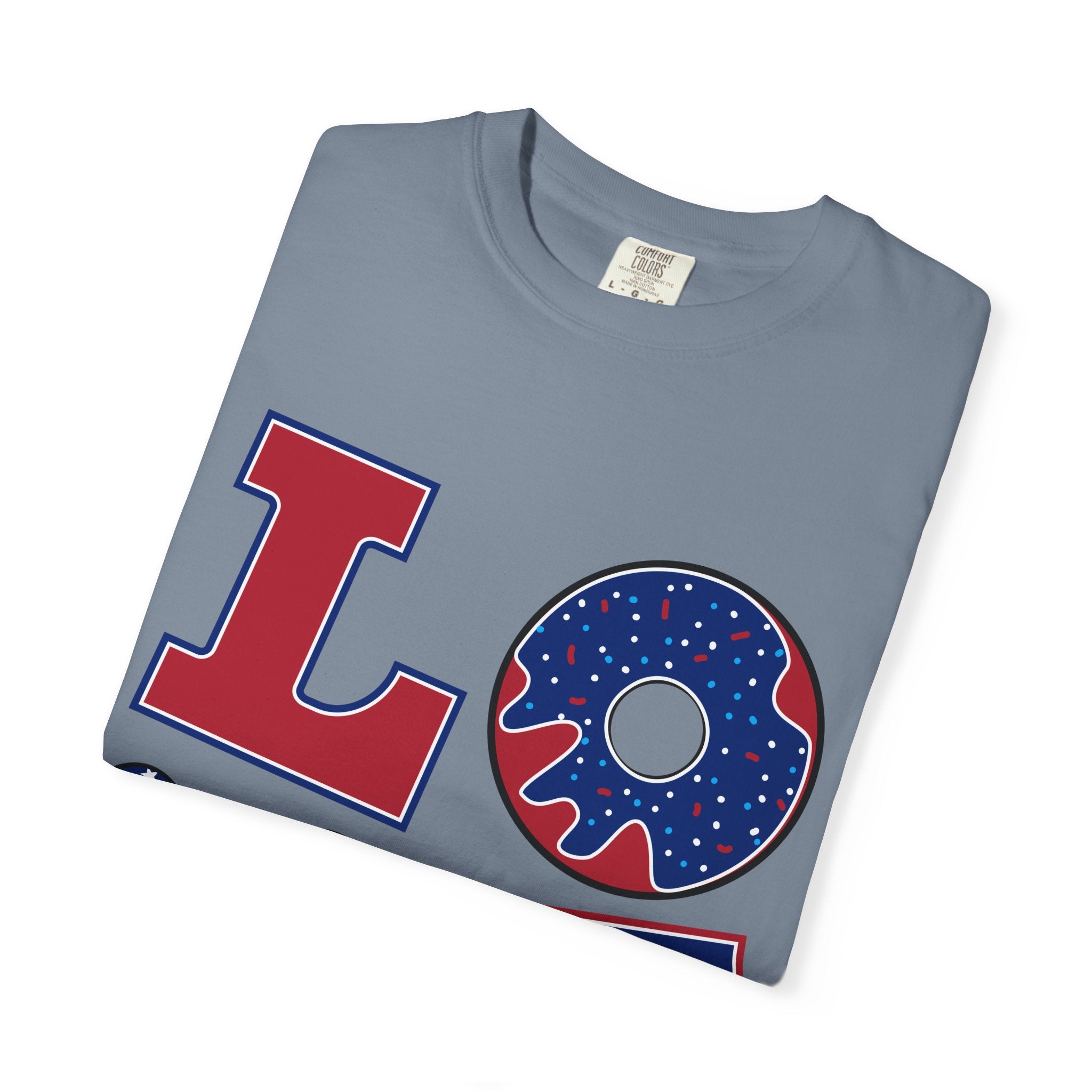 Patriotic 'LOVE' Tee — USA Flag Donut & Flip-Flop Design (Back 'Peace Merica')