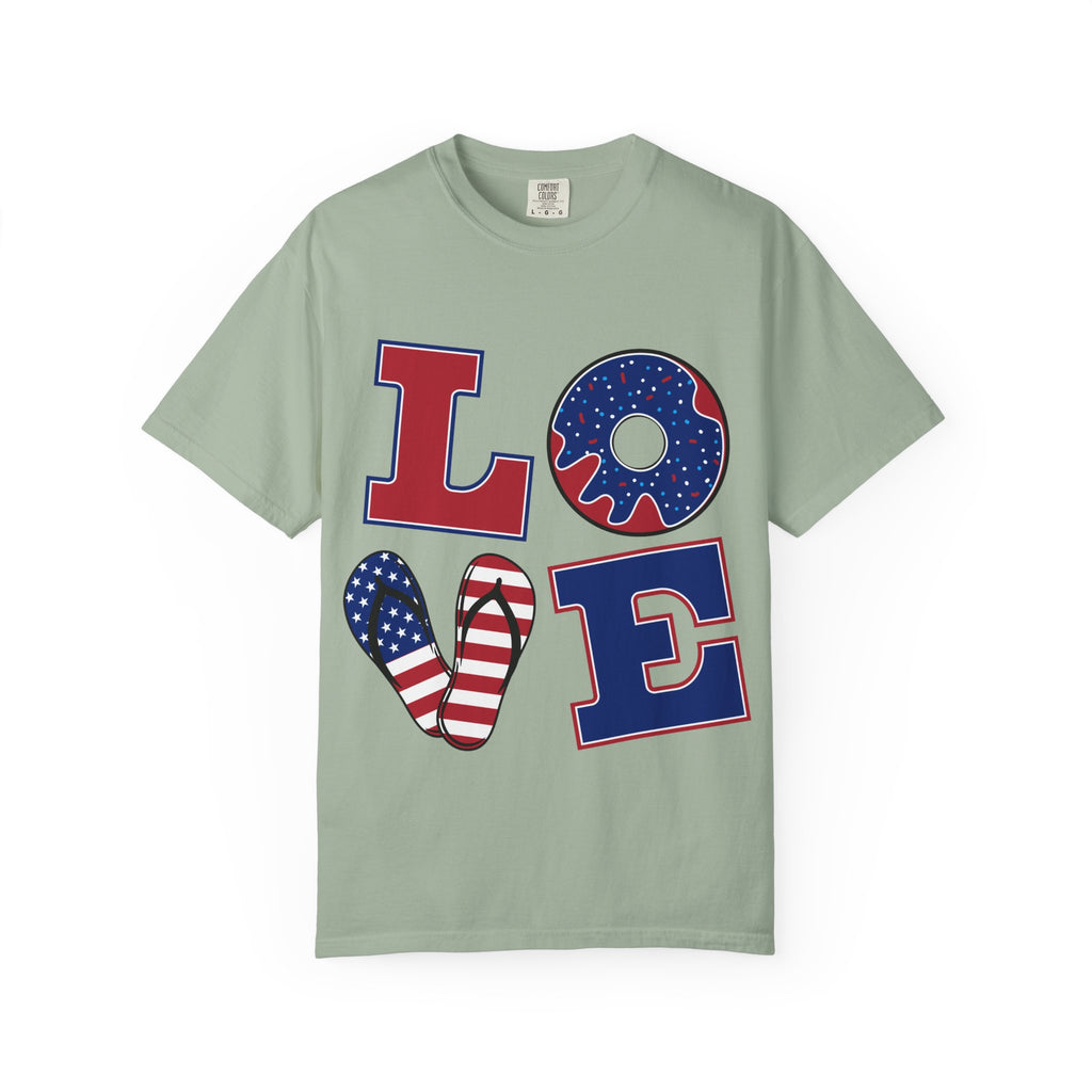Patriotic 'LOVE' Tee — USA Flag Donut & Flip-Flop Design (Back 'Peace Merica')