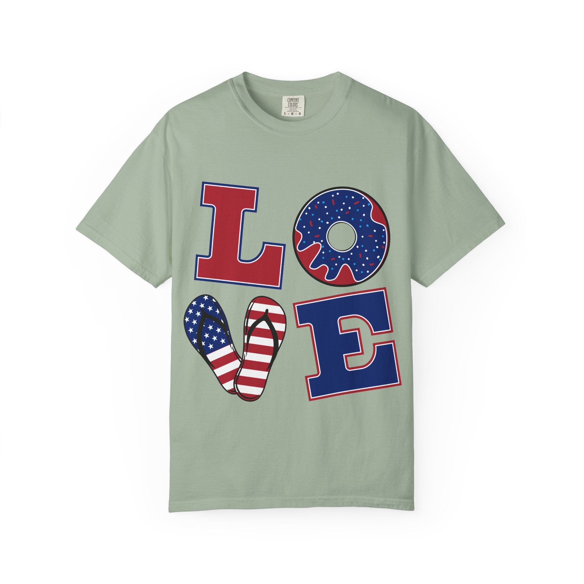 Patriotic 'LOVE' Tee — USA Flag Donut & Flip-Flop Design (Back 'Peace Merica')