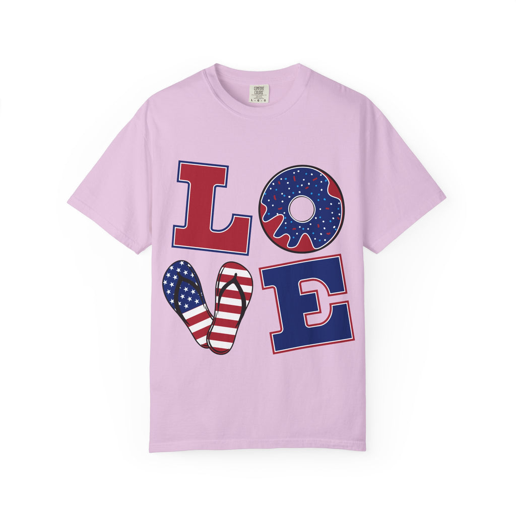 Patriotic 'LOVE' Tee — USA Flag Donut & Flip-Flop Design (Back 'Peace Merica')
