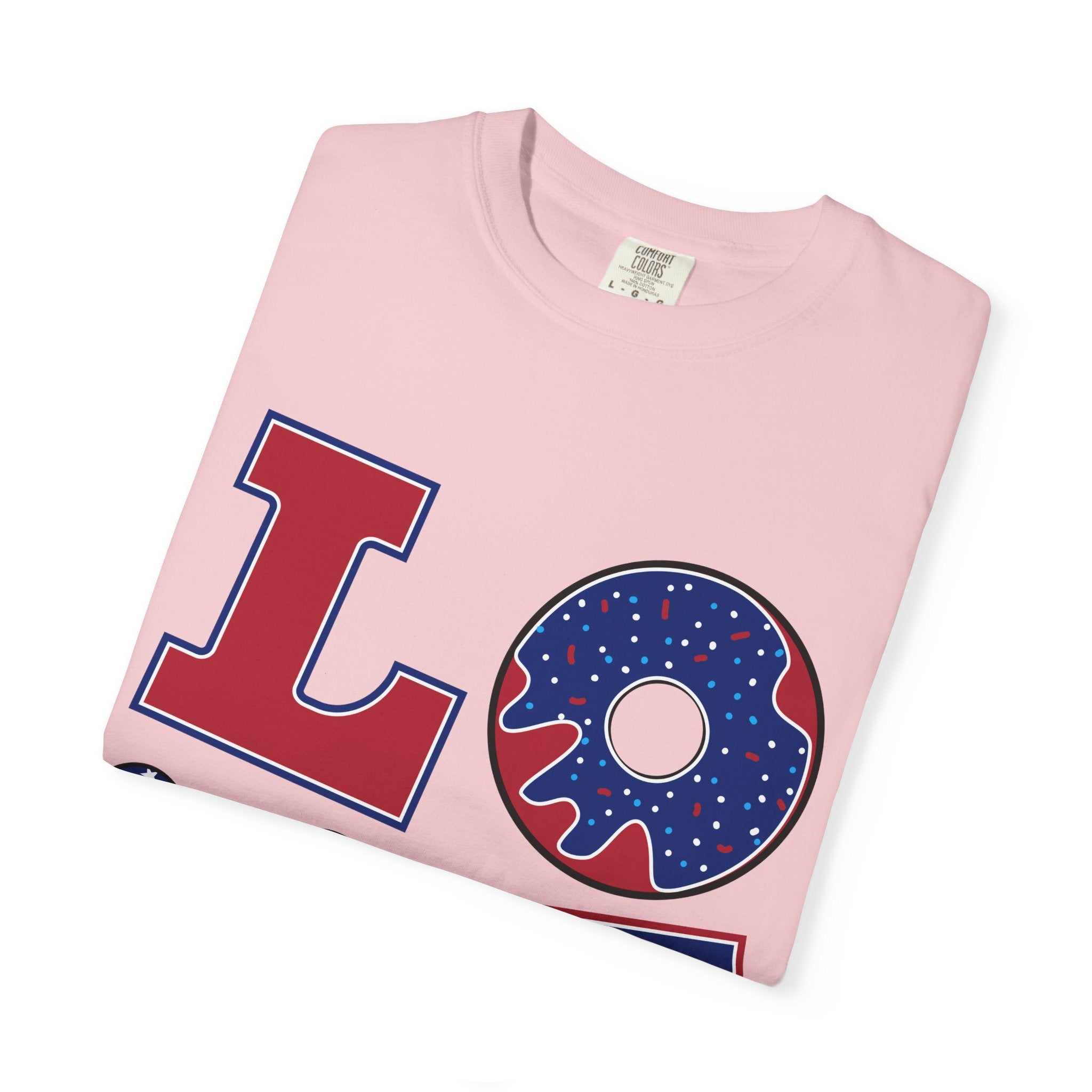 Patriotic 'LOVE' Tee — USA Flag Donut & Flip-Flop Design (Back 'Peace Merica')