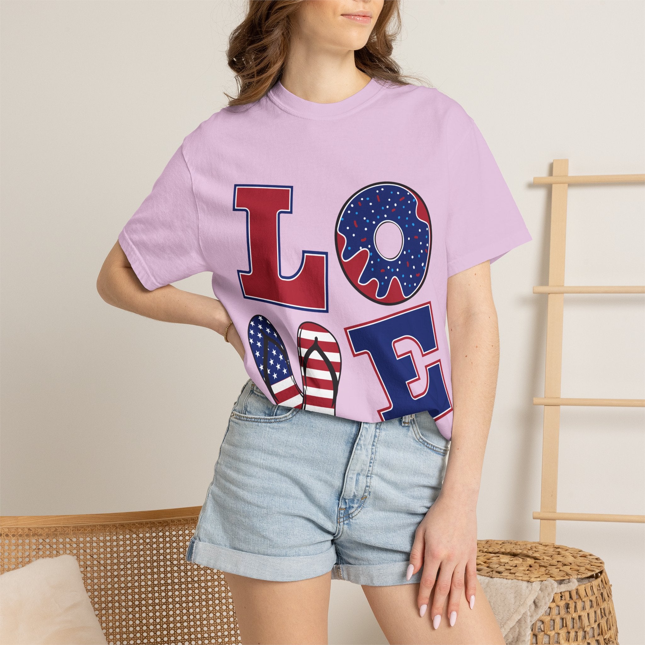 Patriotic 'LOVE' Tee — USA Flag Donut & Flip-Flop Design (Back 'Peace Merica')