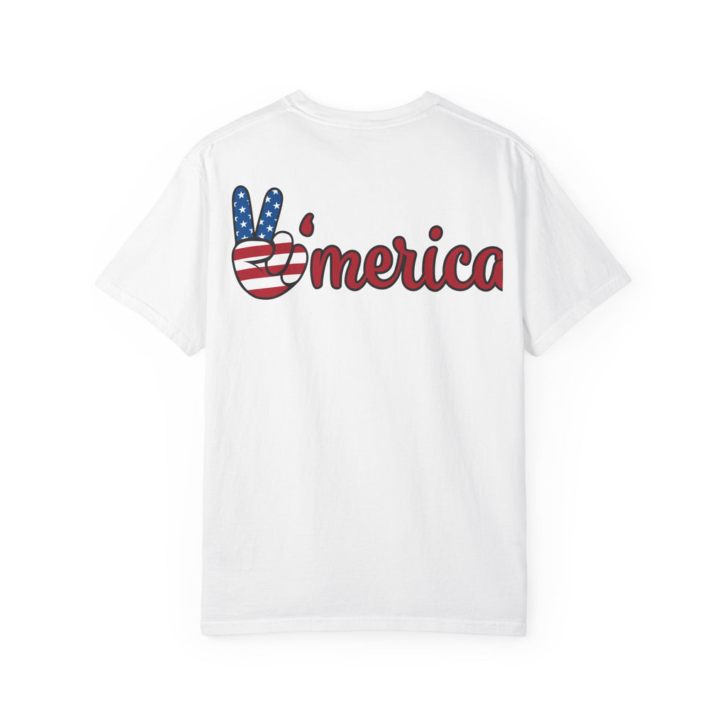 Patriotic 'LOVE' Tee — USA Flag Donut & Flip-Flop Design (Back 'Peace Merica')