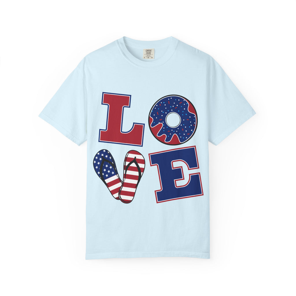 Patriotic 'LOVE' Tee — USA Flag Donut & Flip-Flop Design (Back 'Peace Merica')