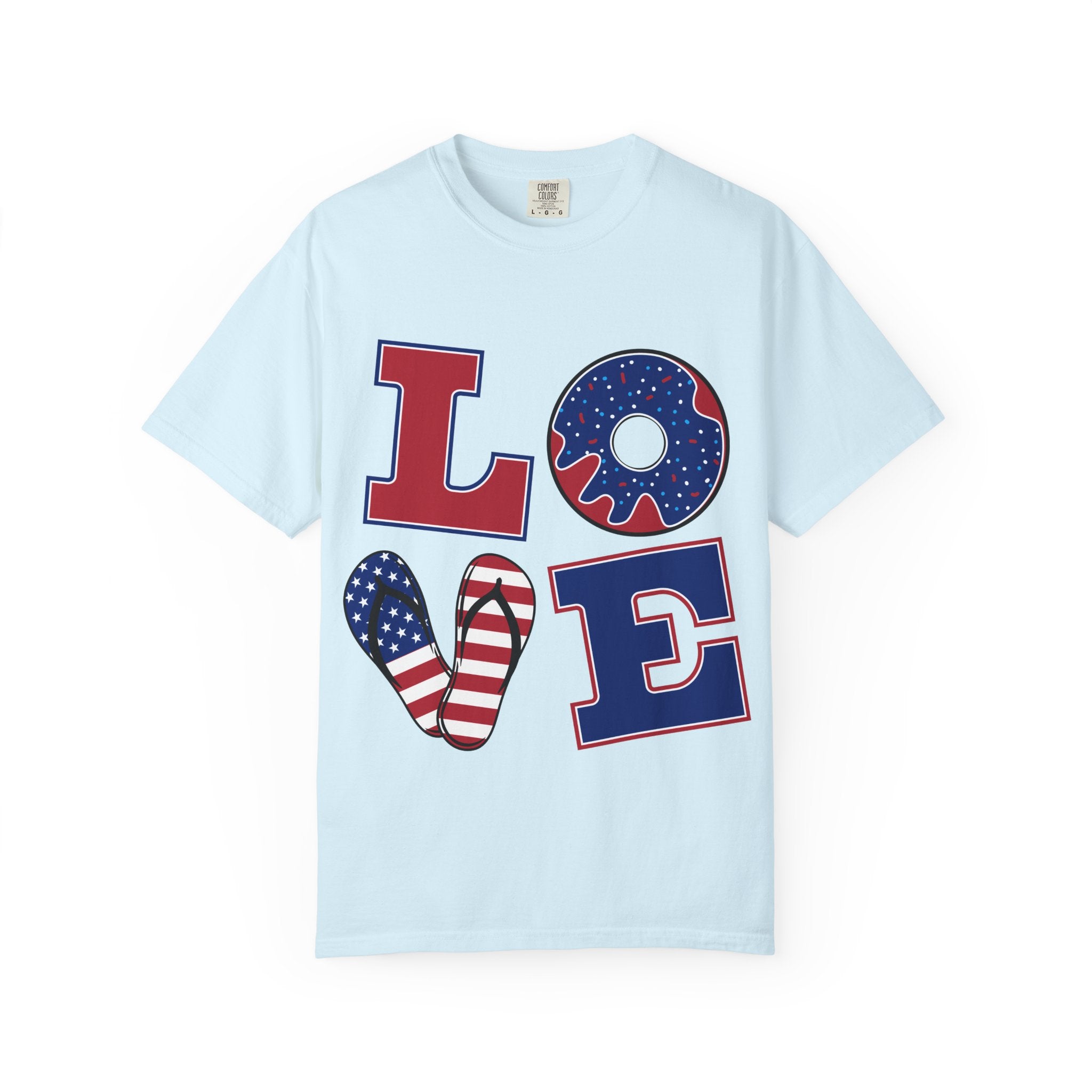 Patriotic 'LOVE' Tee — USA Flag Donut & Flip-Flop Design (Back 'Peace Merica')