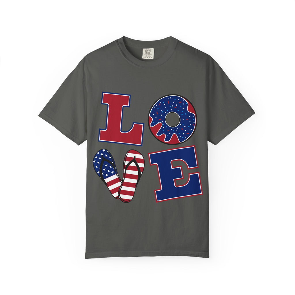 Patriotic 'LOVE' Tee — USA Flag Donut & Flip-Flop Design (Back 'Peace Merica')