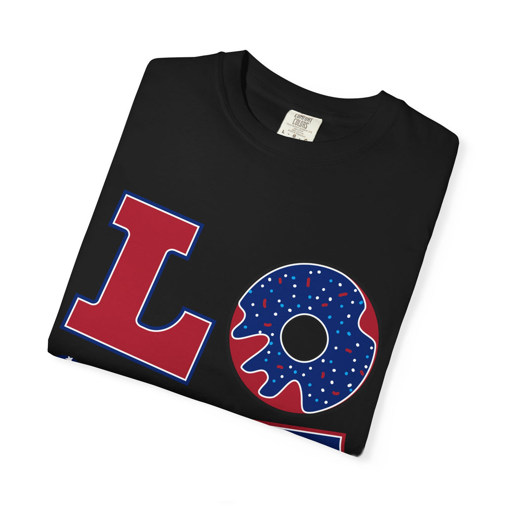 Patriotic 'LOVE' Tee — USA Flag Donut & Flip-Flop Design (Back 'Peace Merica')