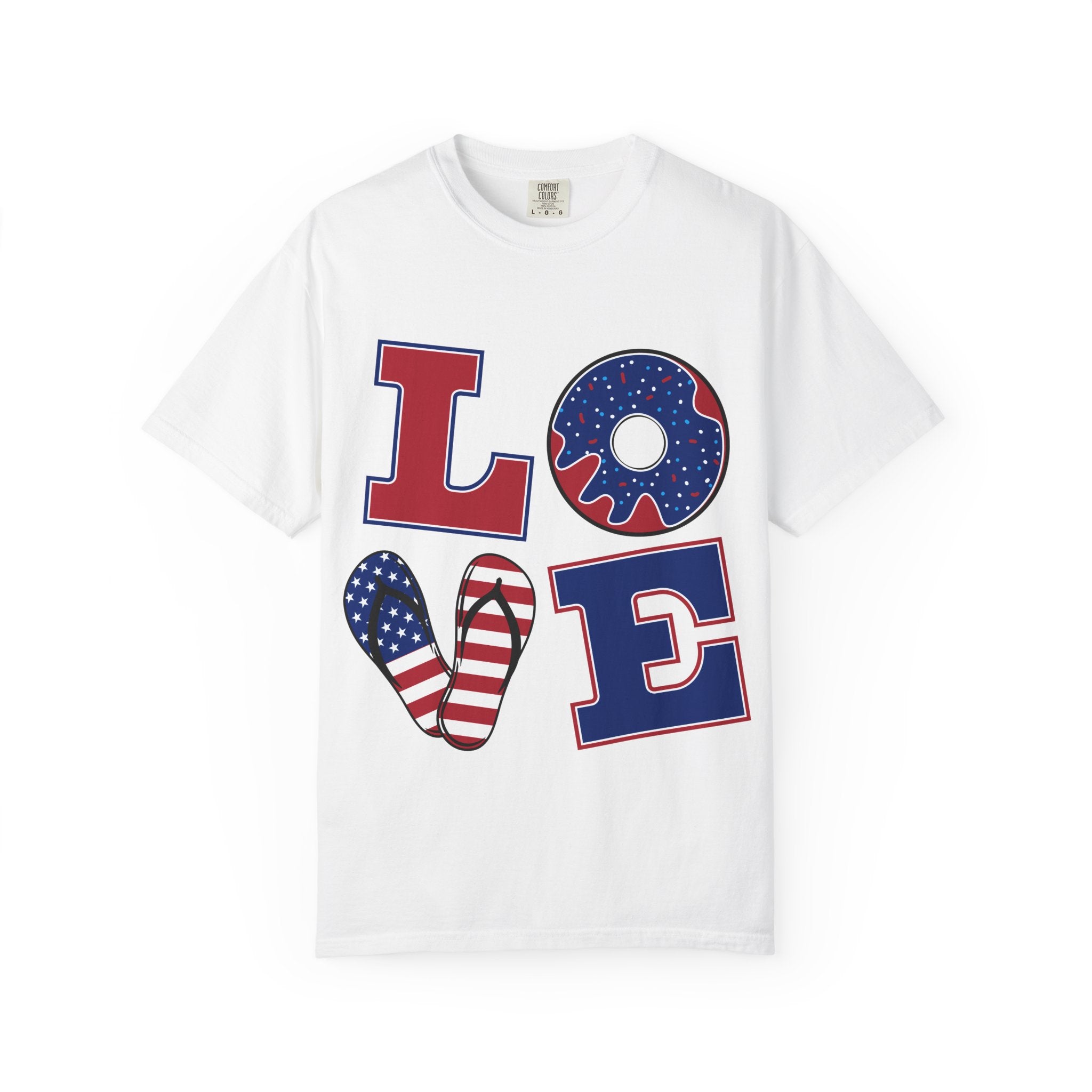 Patriotic 'LOVE' Tee — USA Flag Donut & Flip-Flop Design (Back 'Peace Merica')