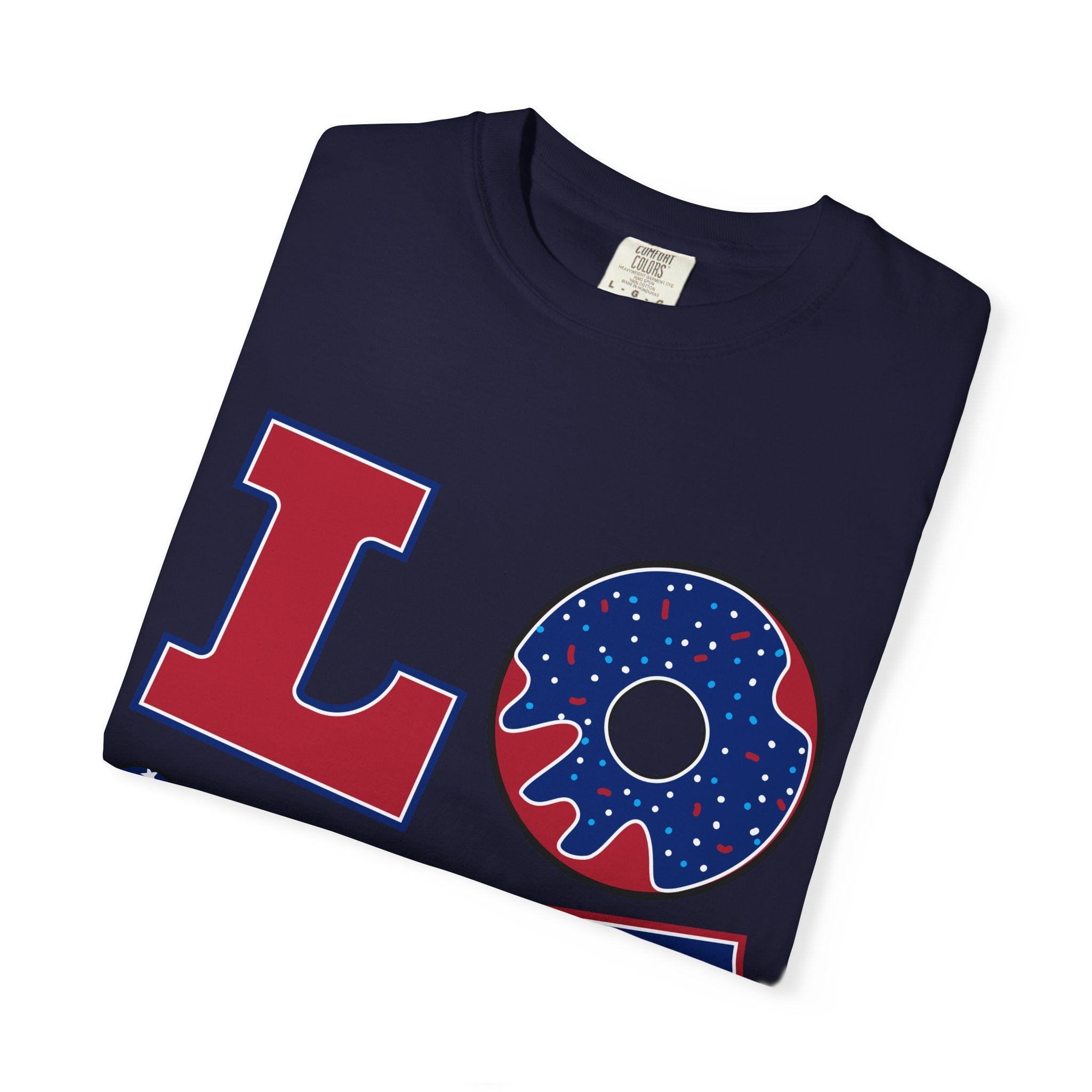 Patriotic 'LOVE' Tee — USA Flag Donut & Flip-Flop Design (Back 'Peace Merica')