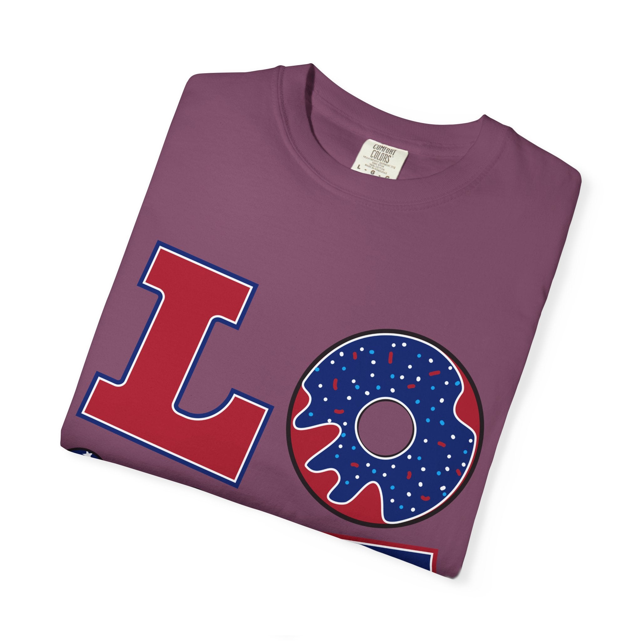 Patriotic 'LOVE' Tee — USA Flag Donut & Flip-Flop Design (Back 'Peace Merica')