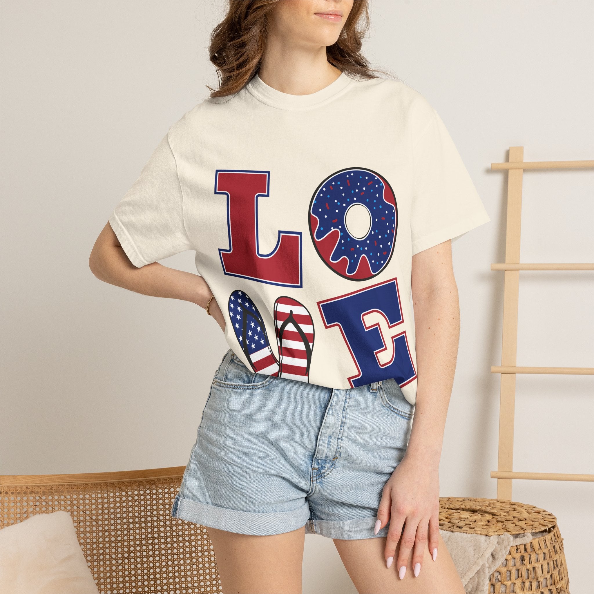 Patriotic 'LOVE' Tee — USA Flag Donut & Flip-Flop Design (Back 'Peace Merica')